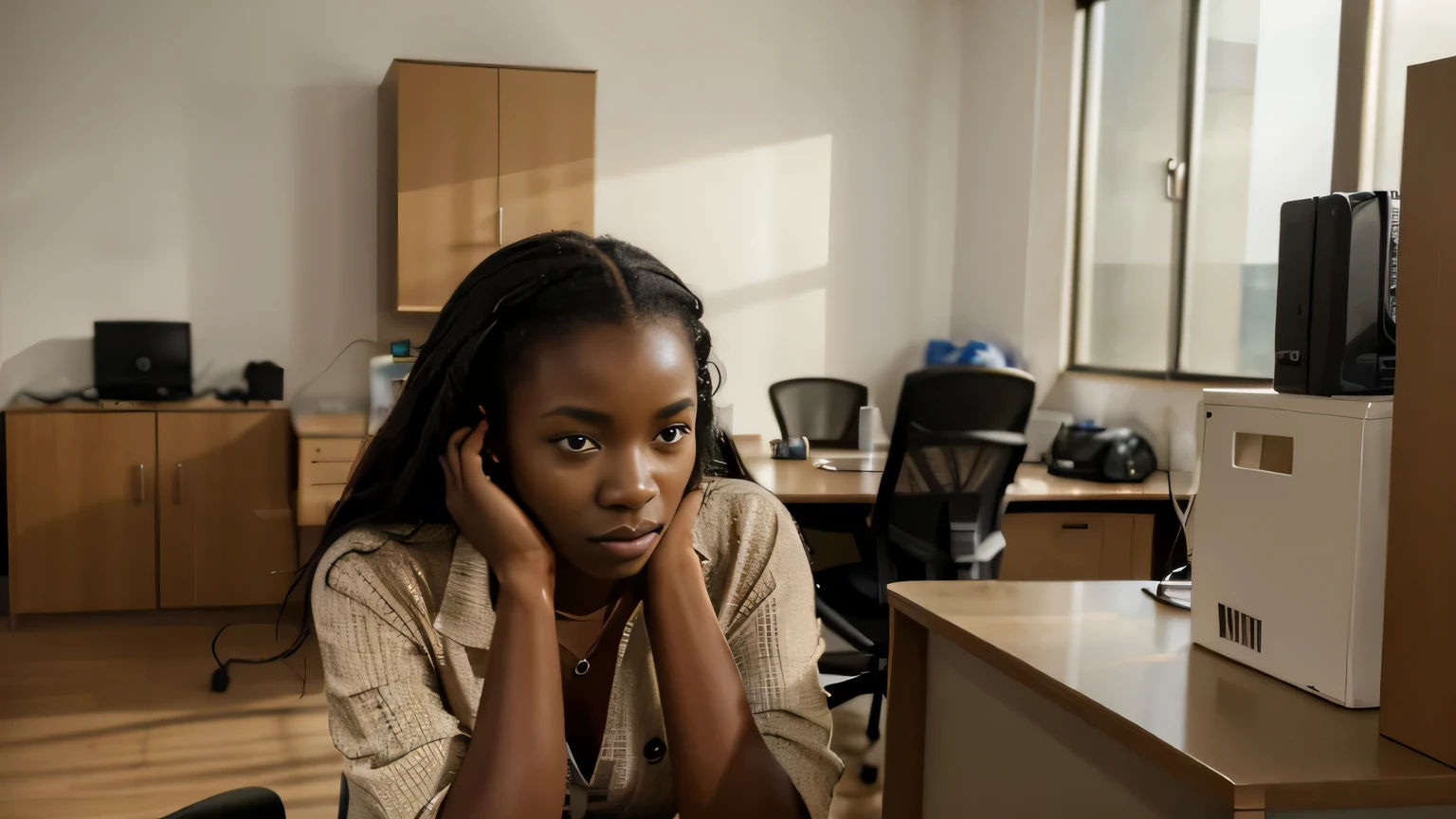 Craft a 4K hyper-realistic image of Mari a beautiful young African lady sitting alone in an empty office looking tired and lonely. poor african office with light furnishing, blurry background.