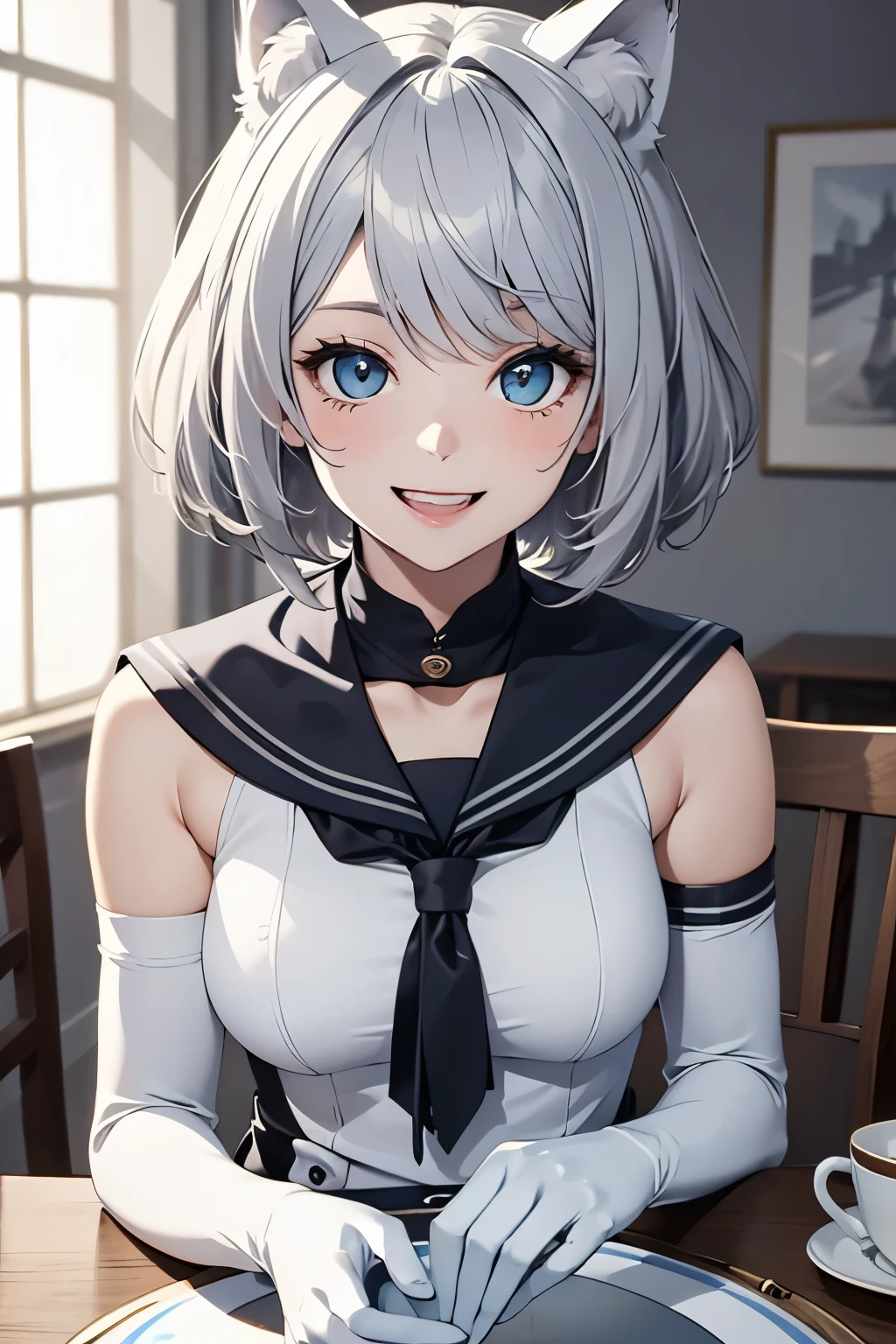 table top　High level image quality　best image quality　8K　 adult woman　portrait　white long gloves（long gloves）　white pantyhose　sailor suit（sleeveless）　mini skirt　White wolf ears　short hair（（shortcut）（gray hair）（perm）（fluffy））　eye color is blue　Face seducing（（laughter）（smile）（open your mouth））　beautiful feet