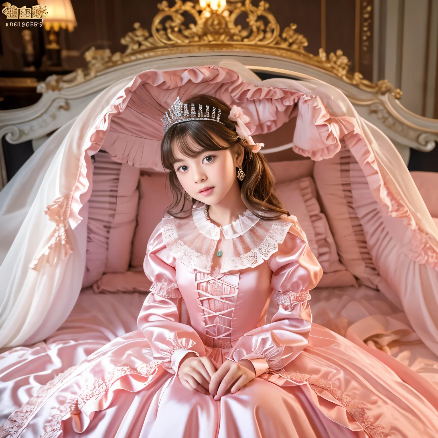 ,highest quality, masterpiece, highest resolution, artwork, super それにget used to it, many get used to it, get used to it, それにget used to it, 3K realistic photos,,(( When I was )),Super detailed baby face,She is a princess,Full length ball gown dress with hoop skirt,ruffled yoke collar,puff sleeves,long sleeve,((Lolita style pink detailed princess satin dress、Comes with lots of frills and ribbons。)),colorful rococo fashion,shiny satin dress,Soft and smooth fabric,luxury,long blonde hair,blue eyes,white skin european,pajamas,((inside the palace)),,,(( When I was 10 years old)),Sd baby face,Full length ball gown dress with hoop skirt,long skirt,ruffled yoke collar,puff sleeves,腰まで伸びるlong blonde hair,blue eyes,white skin european,pajamas,((inside the palace bedroom)),ピンクのシルクサテンのluxuryなcanopy bedの上,canopy bed,luxurious curtains under the canopy,many frilly pillows on the bed,super detailed background,Detailed bed,silk satin bed sheets,soft silk satin comforter,Soft silk satin ruffled pillow in pastel colors,romantic atmosphere,little princess is sitting on the bed,Don'Don't put your feet out to the side,Beautiful girl illustration,detailed beautiful face detailed hair,detailed human eye ,detailed mouth, arm details,fine hands,Detailed pillow,