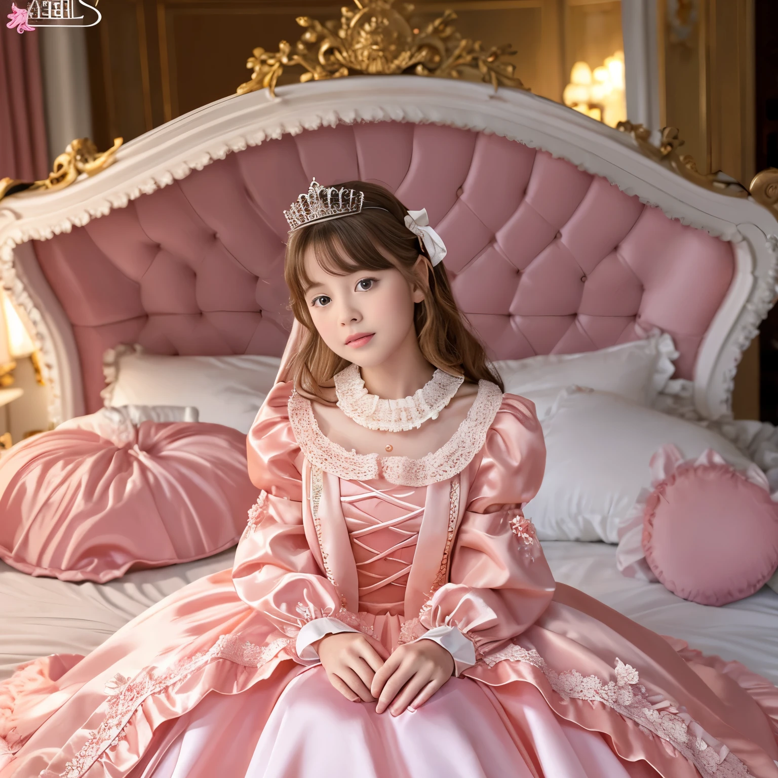 ,highest quality, masterpiece, highest resolution, artwork, super それにget used to it, many get used to it, get used to it, それにget used to it, 3K realistic photos,,(( When I was 10 years old)),Super detailed baby face,She is a princess,Full length ball gown dress with hoop skirt,ruffled yoke collar,puff sleeves,long sleeve,((Lolita style hot pink detailed princess satin dress、Comes with lots of frills and ribbons。)),colorful rococo fashion,shiny satin dress,Soft and smooth fabric,luxury,long blonde hair,blue eyes,white skin european,pajamas,((inside the palace)),,,(( When I was 10 years old)),Super detailed baby face,Full length ball gown dress with hoop skirt,long skirt,ruffled yoke collar,puff sleeves,腰まで伸びるlong blonde hair,blue eyes,white skin european,pajamas,((inside the palace bedroom)),ピンクのシルクサテンのluxuryなcanopy bedの上,canopy bed,luxurious curtains under the canopy,many frilly pillows on the bed,super detailed background,Detailed bed,silk satin bed sheets,soft silk satin comforter,Soft silk satin ruffled pillow in pastel colors,romantic atmosphere,little princess is sitting on the bed,Don&#39;Don&#39;t put your feet out to the side,Beautiful girl illustration,detailed beautiful face detailed hair,detailed human eye ,detailed mouth, arm details,fine hands,Detailed pillow,