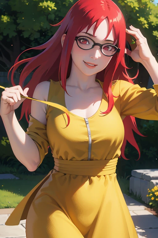 (best quality,4k,ultra-detailed),(realistic:1.37),HDR,professional,portrait,colorful,soft lighting,Karin Uzumaki,beautiful detailed eyes,red eyes, glassesbeautiful detailed lips,smiling gently,red hair flowing,happy expression,playful personality,long wavy hair,rosy cheeks,yellow dress,playful pose,feminine charm,lewd smirk,lifting dress,showing off panties,teasing look,confident stance,blossoming garden background