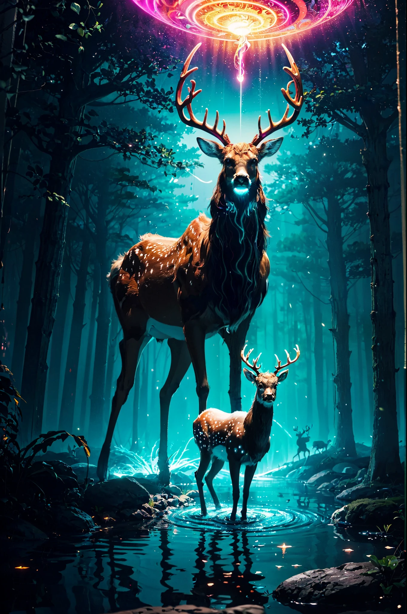 (glowing sheer deer standing in front of bioluminescent pond),((Multi-sewn large antlers, stag, Big head)),centered,(glowing magical spell),(gorgeous color grading),psychedelic surreal art, surreal psychedelic design,Fantasy art style, Illusion psychedelic art, Infinite psychedelic waves,by Cyril Rolando, True corrugated structure, Psychedelic art style, trippy art, psychedelic illustrations，Bio-luminescence, vibrant, Colourful, Color, (Glowing, Glow), (Beautiful composition), Cinematic lighting, Intricate, Whimsical