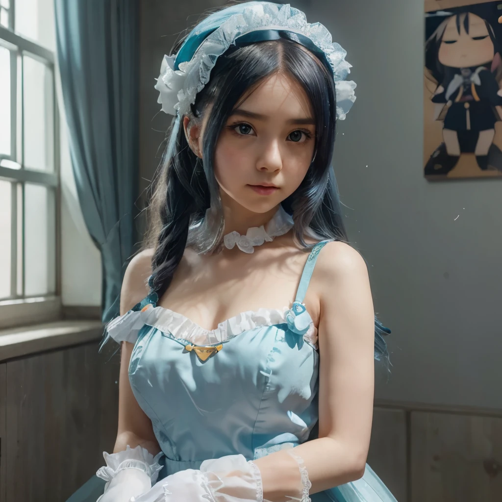 Colorful hair(Purple and blue gradient)、独奏、short twintails、Beautuful Women、beautidful eyes、Dazzling smile、Soft skin type、Official art、masterpiece、Extremely delicate modeling、top-quality、Photorealsitic、8k picture、hiquality、large full breasts、Princess、Infant face(Rounded face)、Fluffy Maid Clothes