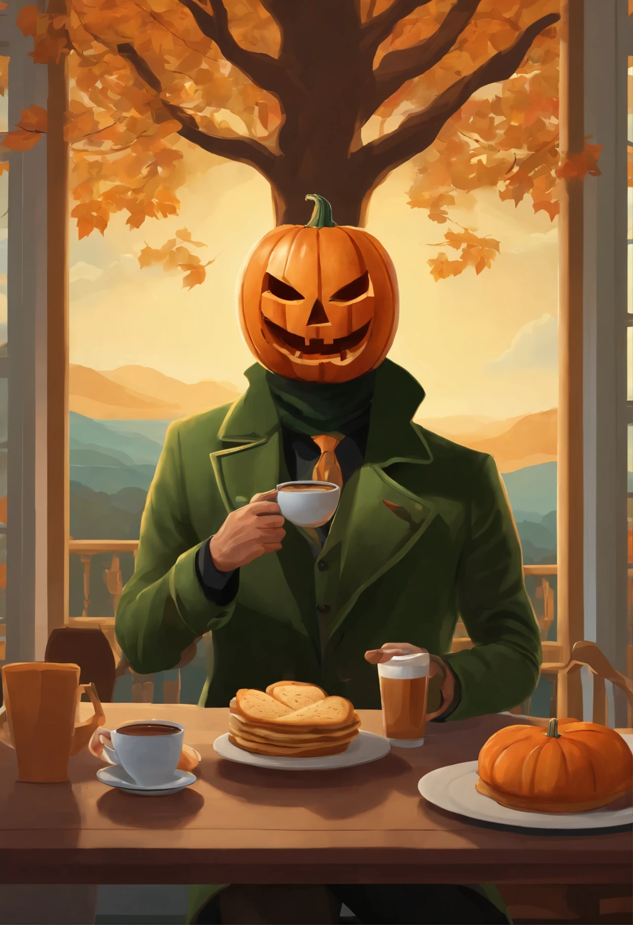 A man wearing a Halloween pumpkin head mask, wearing a dark green jacket emblazoned with the tree of life, is having breakfast, drinking coffee and a stack of sandwiches in the dining room of his house with a sunny morning view