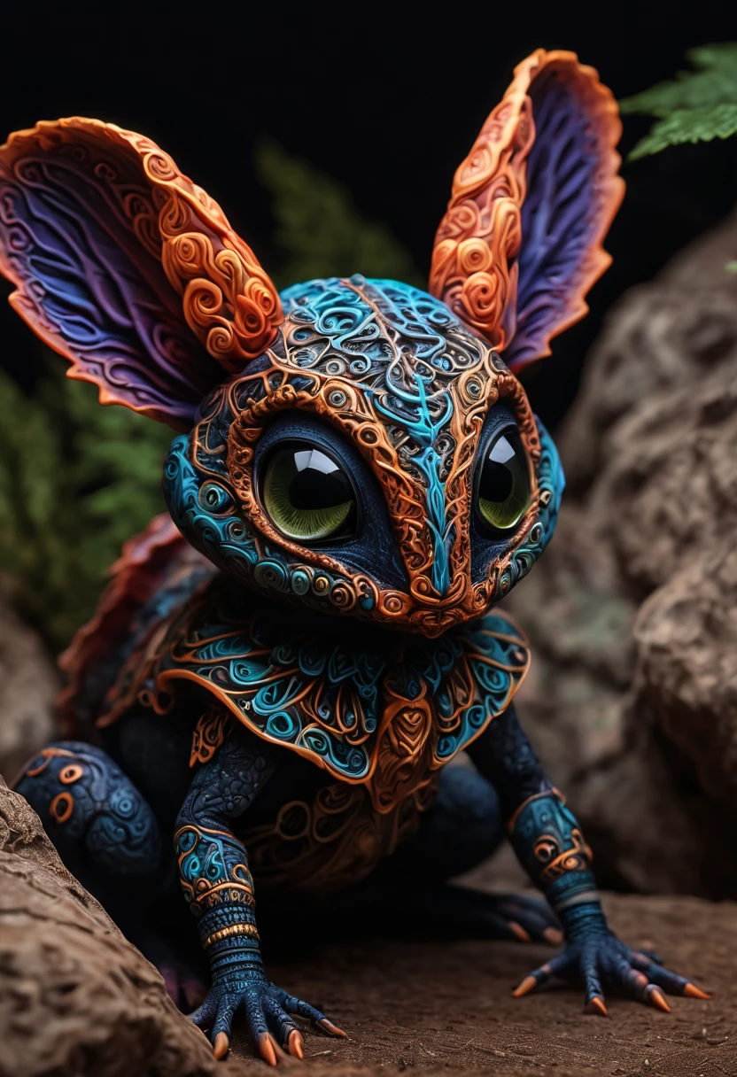 (best quality,4k,8k,highres,masterpiece:1.2),ultra-detailed,(realistic,photorealistic,photo-realistic:1.37),HDR,UHD,studio lighting,ultra-fine painting,sharp focus,physically-based rendering,extreme detail description,professional,vivid colors,bokeh,creepy. Create a description of unique and never-before-seen magical creatures from Mars. These creatures are known for their dark and mysterious nature, yet they possess a certain cuteness that is both intriguing and captivating. The creatures are characterized by their intricate zentangle patterns, which give them a 3D crunch effect and a cinematic appearance. What sets them apart is the bioluminescent glow emitted from their zentangle lines, creating a mesmerizing and ethereal ambiance.