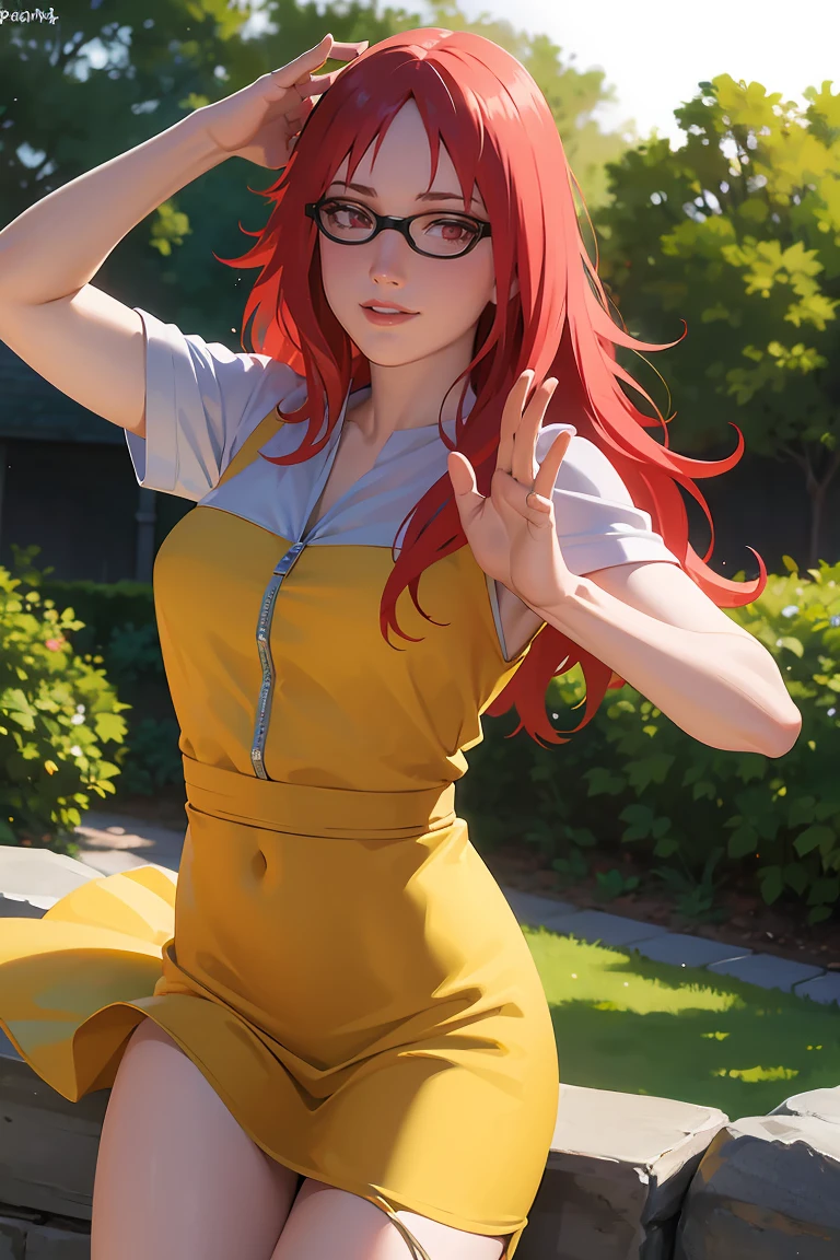 (best quality,4k,ultra-detailed),(realistic:1.37),HDR,professional,portrait,colorful,soft lighting,Karin Uzumaki,beautiful detailed eyes,red eyes, glassesbeautiful detailed lips,smiling gently,red hair flowing,happy expression,playful personality,long wavy hair,rosy cheeks,yellow dress,playful pose,feminine charm,lewd smirk,lifting dress,showing off panties,teasing look,confident stance,blossoming garden background