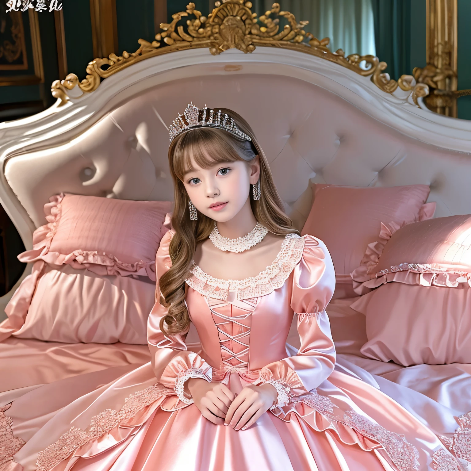 ,highest quality, masterpiece, highest resolution, artwork, super それにget used to it, many get used to it, get used to it, それにget used to it, 3K realistic photos,,(( When I was 10 years old)),Super detailed baby face,She is a princess,Full length ball gown dress with hoop skirt,ruffled yoke collar,puff sleeves,long sleeve,((Lolita style hot pink detailed princess satin dress、Comes with lots of frills and ribbons。)),colorful rococo fashion,shiny satin dress,Soft and smooth fabric,luxury,long blonde hair,blue eyes,white skin european,pajamas,((inside the palace)),,,(( When I was 10 years old)),Super detailed baby face,Full length ball gown dress with hoop skirt,long skirt,ruffled yoke collar,puff sleeves,腰まで伸びるlong blonde hair,blue eyes,white skin european,pajamas,((inside the palace bedroom)),ピンクのシルクサテンのluxuryなcanopy bedの上,canopy bed,luxurious curtains under the canopy,many frilly pillows on the bed,super detailed background,Detailed bed,silk satin bed sheets,soft silk satin comforter,Soft silk satin ruffled pillow in pastel colors,romantic atmosphere,little princess is sitting on the bed,Don&#39;Don&#39;t put your feet out to the side,Beautiful girl illustration,detailed beautiful face detailed hair,detailed human eye ,detailed mouth, arm details,fine hands,Detailed pillow,