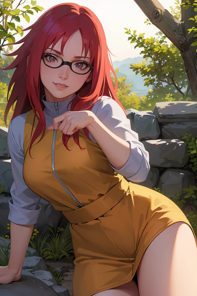 (best quality,4k,ultra-detailed),(realistic:1.37),HDR,professional,portrait,colorful,soft lighting,Karin Uzumaki,beautiful detailed eyes,red eyes, glassesbeautiful detailed lips,smiling gently,red hair flowing,happy expression,playful personality,long wavy hair,rosy cheeks,yellow dress,playful pose,feminine charm,lewd smirk,lifting dress,showing off panties,teasing look,confident stance,blossoming garden background