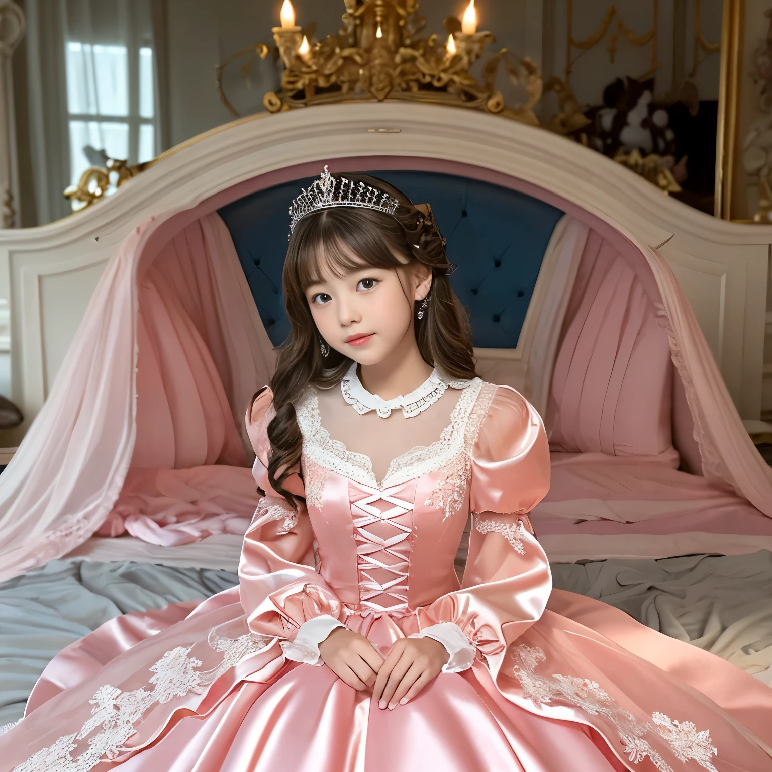 ,highest quality, masterpiece, highest resolution, artwork, super それにget used to it, many get used to it, get used to it, それにget used to it, 3K realistic photos,,(( When I )),Super detailed baby face,She isss,Full length ball gown dress with hoop skirt,ruffled yoke collar,puff sleeves,long sleeve,((Lolita style hot pink detailed princess satin dress、Comes with lots of frills and ribbons。)),colorful rococo fashion,shiny satin dress,Soft and smooth fabric,luxury,long blonde hair,blue eyes,white skin european,pajamas,((inside the palace)),,,(( When I was 10 years old)),Super ce,Full length ball gown dress witirt,long skirt,ruffled yoke collar,puff sleeves,腰まで伸びるlong blonde hair,blue eyes,white skin european,pajamas,((inside the palace bedroom)),ピンクのシルクサテンのluxuryなcanopy bedの上,canopy bed,Luxury curtains on both sides of the bed,many frilly pillows on the bed,super detailed background,Detailed bed,silk satin bed sheets,soft silk satin comforter,Soft silk satin ruffled pillow in pastel colors,romantic atmosphere,little princess is sitting on the bed,Don&#39;Don&#39;t put your feet out to the side,Beautiful girl illustration,detailed beautiful face detailed hair,detailed human eye ,detailed mouth, arm details,fine hands,Detailed pillow,