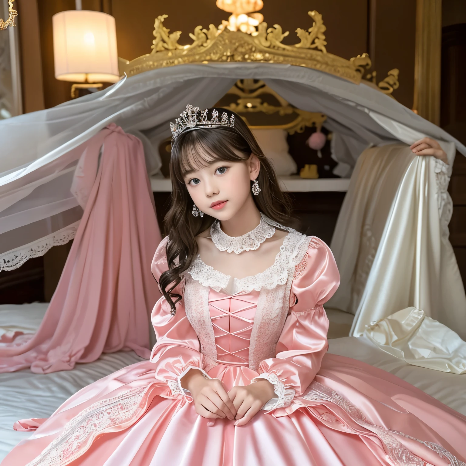 ,highest quality, masterpiece, highest resolution, artwork, super それにget used to it, many get used to it, get used to it, それにget used to it, 3K realistic photos,,(( When I was )),Super detailed baby face,She is a princess,Full length ball gown dress with hoop skirt,ruffled yoke collar,puff sleeves,long sleeve,((Lolita style pink detailed princess satin dress、Comes with lots of frills and ribbons。)),colorful rococo fashion,shiny satin dress,Soft and smooth fabric,luxury,long blonde hair,blue eyes,white skin european,pajamas,((inside the palace)),,,(( When I was 10 years old)),Sd baby face,Full length ball gown dress with hoop skirt,long skirt,ruffled yoke collar,puff sleeves,腰まで伸びるlong blonde hair,blue eyes,white skin european,pajamas,((inside the palace bedroom)),ピンクのシルクサテンのluxuryなcanopy bedの上,canopy bed,Luxury curtains on both sides of the bed,many frilly pillows on the bed,super detailed background,Detailed bed,silk satin bed sheets,soft silk satin comforter,Soft silk satin ruffled pillow in pastel colors,romantic atmosphere,little princess is sitting on the bed,Don&#39;Don&#39;t put your feet out to the side,Beautiful girl illustration,detailed beautiful face detailed hair,detailed human eye ,detailed mouth, arm details,fine hands,Detailed pillow,