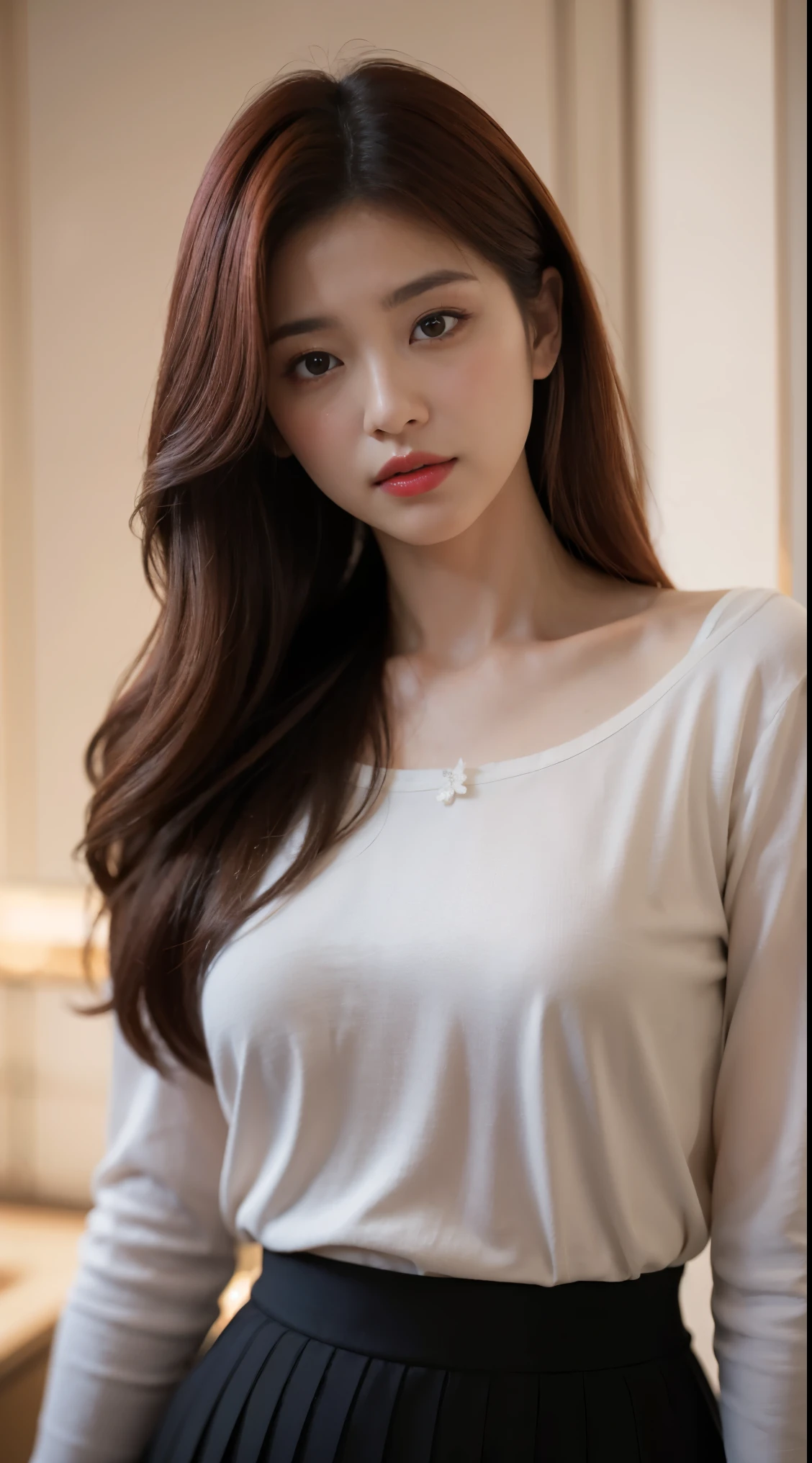 Japanese actress, Emily Suzuwara, masterpiece, light makeup, red lips, red hair, messy long hair, pure background, beautiful, elegant. Ultra-fine details, masterpieces, realistic textures, realistic cinematic lighting, perfect work, 8k, HD, delicate facial features, black shirt, black hip skirt and delicate curves
