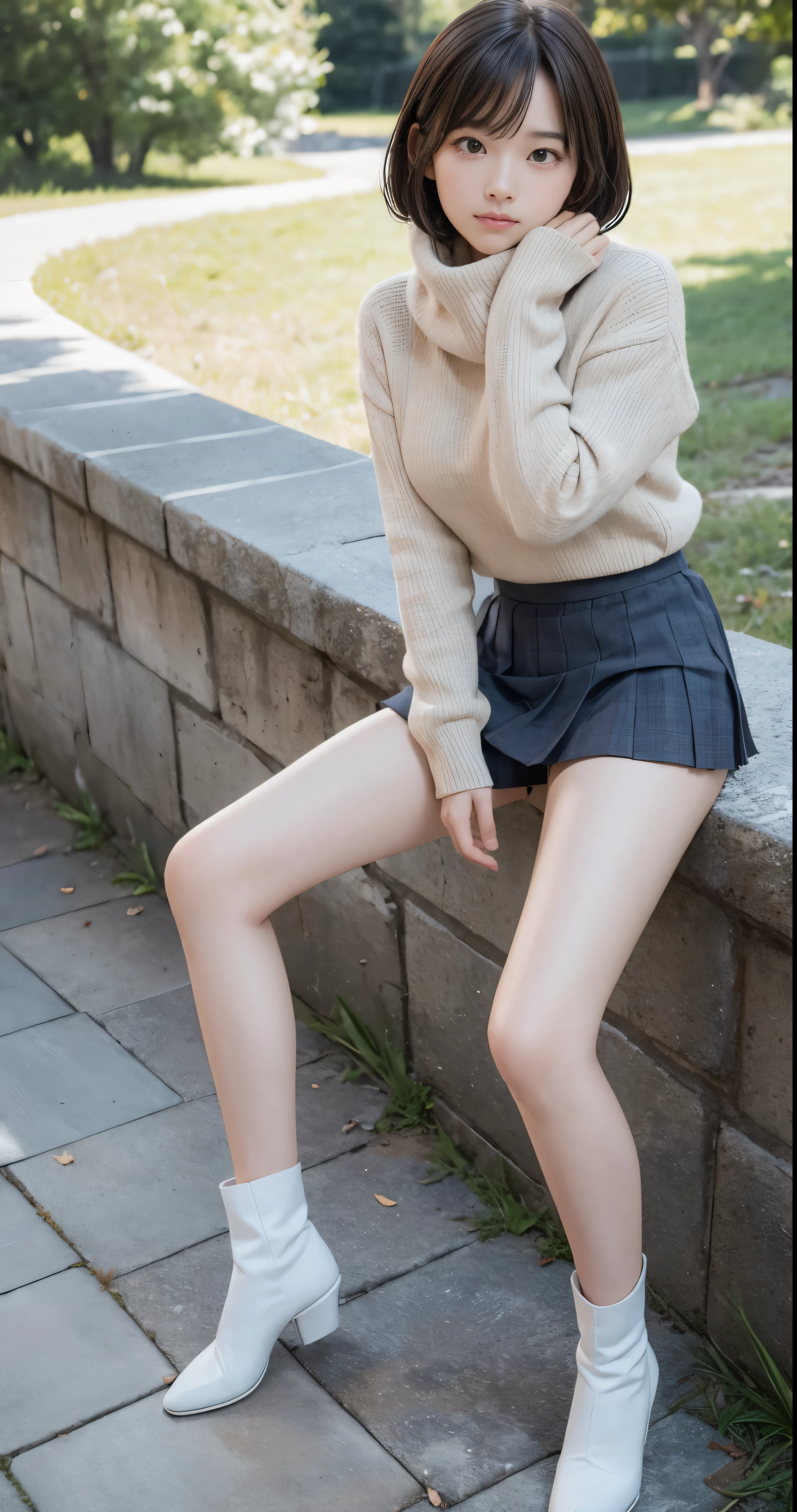 (masterpiece:1.3), (8K, Photoreal, RAW photo, The subject is a little far away、best image quality: 1.4), Winter outdoor、20 years old 1 female、((Take a photo of the whole body, down to the toes))、healthy slim figure、(tight legs)、super detail face、Detailed and moist eyes、(cute smile)、clear white skin、look at the audience、shining hair、Full body Esbian shot、facing the front、Whole body proportions、random pose、natural makeup、((With bangs、Hair tip wave、bob hair))、(Beautiful woman:1.4)、light brown hair、natural color lip、highest quality、masterpiece、ultra high resolution、(Photoreal:1.4)、scarf、Down jacket、tight sweater、Plaid pleated mini skirt、Round big、Beautiful raw legs、ankle mini boots、
