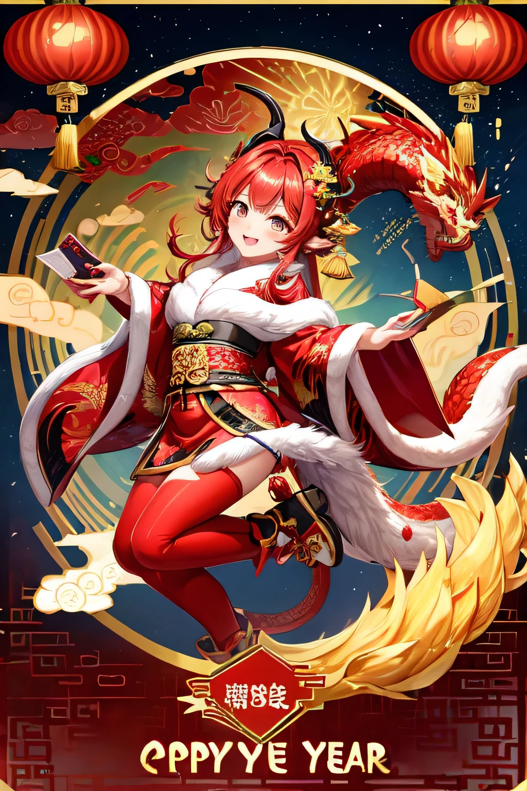 红色和金色的lunar New Year贺卡，带有dragon的风格化设计, 2024, dragon, lunar New Year&#39;eve, 

