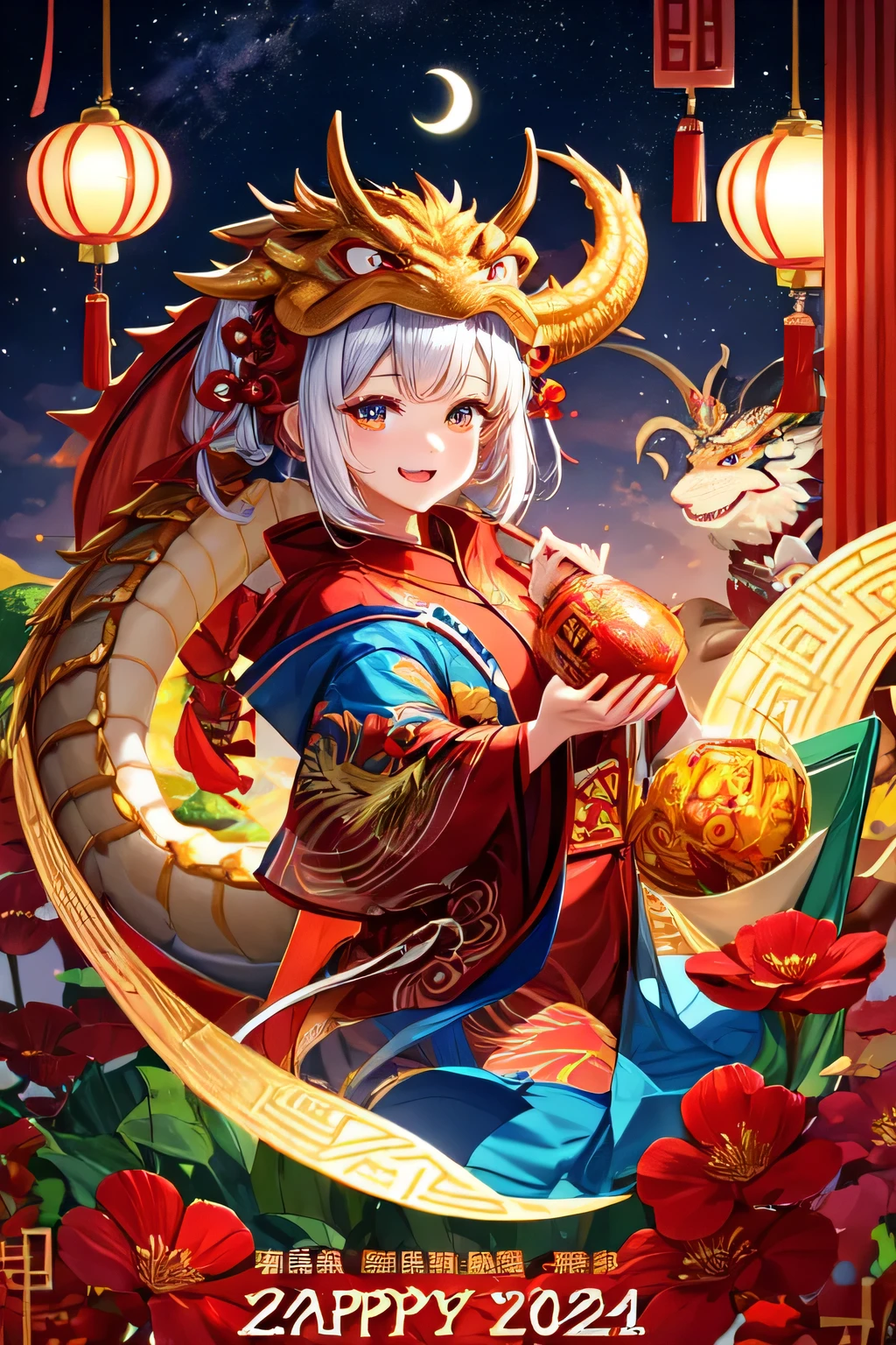 红色和金色的lunar New Year贺卡,带有dragon的风格化设计, 2024, dragon, lunar New Year'eve,