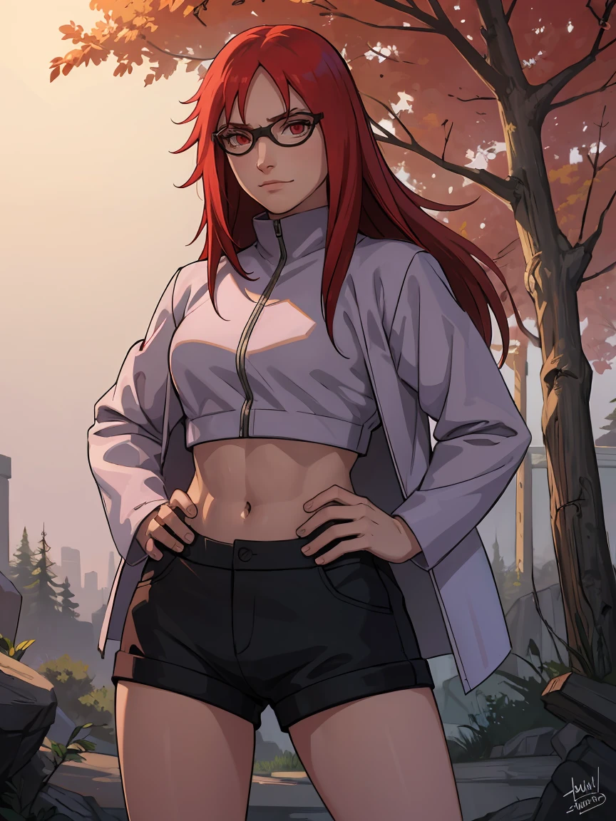 (masterpiece:1.2, best quality:1.2, beautiful, high quality, highres:1.1), detailed, extremely detailed 4K, perfect eyes, perfect face, perfect lighting, (1girl, solo, adult female, mature female), [muscular], leg muscles, thigh muscles, 
red hair, red eyes, glasses, midriff, jacket, lowleg black shorts, long sleeves, karin, groin, exposed navel,
standing, outside, tree background, hand on hip, smirk, looking at viewer,