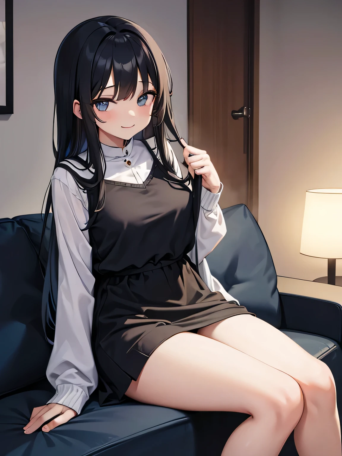 (1) A woman is sitting on a sofa in the living room with her legs closed. Her light blue panties are almost visible between her thighs and skirt.
(2) The woman is wearing a black long-sleeved mini dress.
(3) she has long black hair.
(4) Her expression is a smile; She is 29 years old and has a mature look..
(5) The location is the sofa in the living room of the apartment at night..