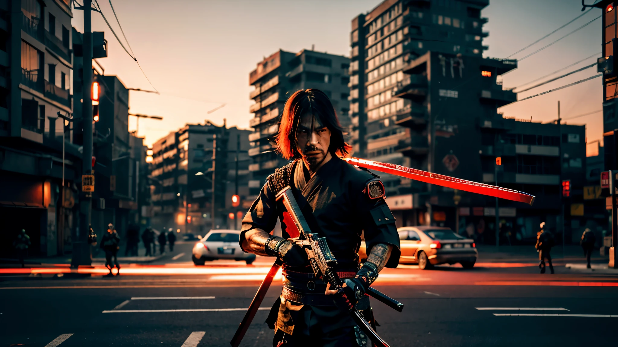 ultra realistic photo, 8k ultra resolution, ultra definition, super detailed ultra realistic face, A cyberpunk Japanese samurai holding his sword on a battlefield, twilight environment with red and black tones, with some crows flying, scene in an urban center, apocalyptic scene, countryside open with details of the very broad scene, showing the building, cars, objects, etc.