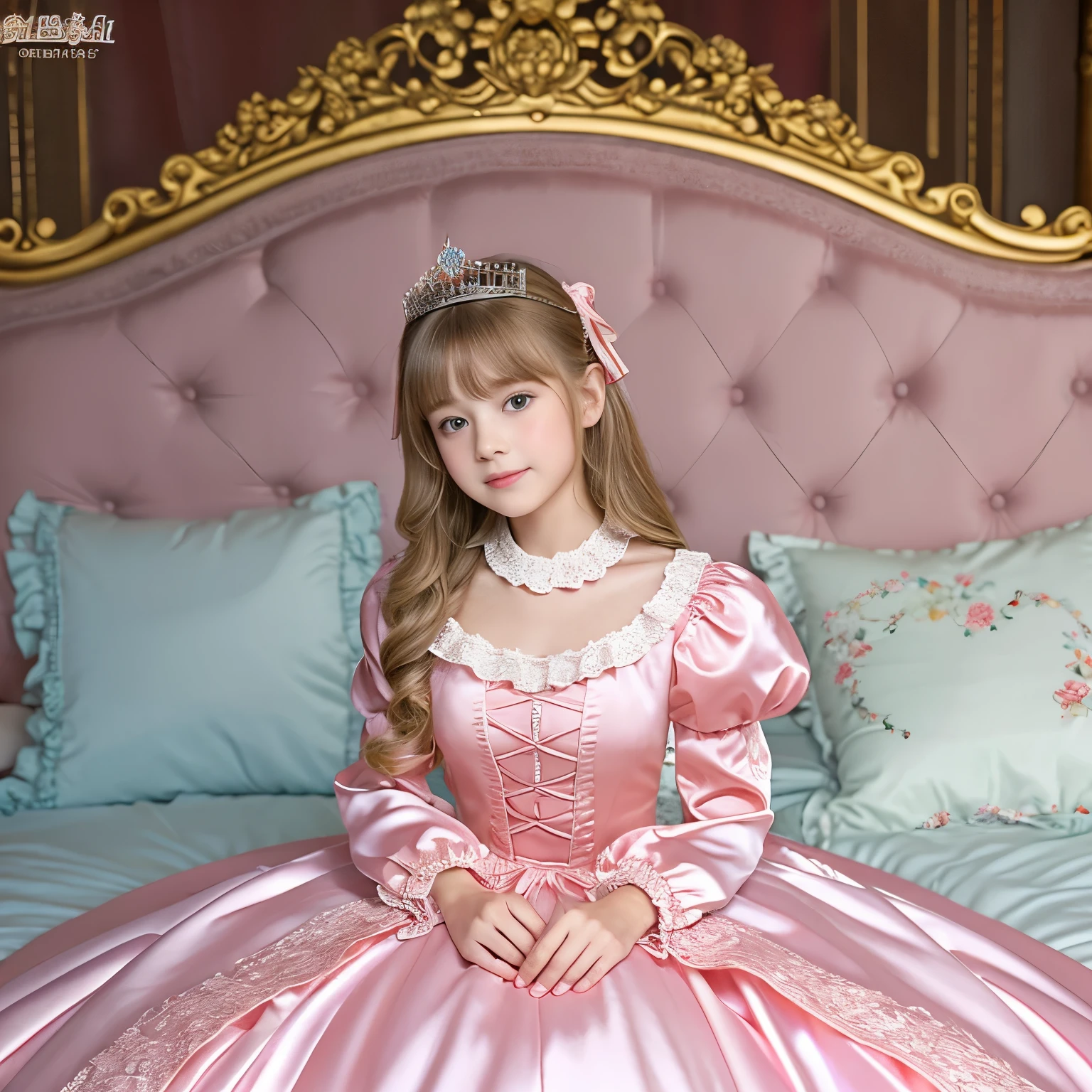 ,highest quality, masterpiece, highest resolution, artwork, super それにget used to it, many get used to it, get used to it, それにget used to it, 3K realistic photos,,(( When I was )),Super detailed baby face,She is a princess,Full length ball gown dress with hoop skirt,ruffled yoke collar,puff sleeves,long sleeve,((Lolita style pink detailed princess satin dress、Comes with lots of frills and ribbons。)),colorful rococo fashion,shiny satin dress,Soft and smooth fabric,luxury,long blonde hair,blue eyes,white skin european,pajamas,((inside the palace)),,,(( When I was 10 years old)),Sd baby face,Full length ball gown dress with hoop skirt,long skirt,ruffled yoke collar,puff sleeves,腰まで伸びるlong blonde hair,blue eyes,white skin european,pajamas,((inside the palace bedroom)),ピンクのシルクサテンのluxuryなcanopy bedの上,canopy bed,Luxury curtains on both sides of the bed,many frilly pillows on the bed,super detailed background,Detailed bed,silk satin bed sheets,soft silk satin comforter,Soft silk satin ruffled pillow in pastel colors,romantic atmosphere,little princess is sitting on the bed,Don'Don't put your feet out to the side,Beautiful girl illustration,detailed beautiful face detailed hair,detailed human eye ,detailed mouth, arm details,fine hands,Detailed pillow,