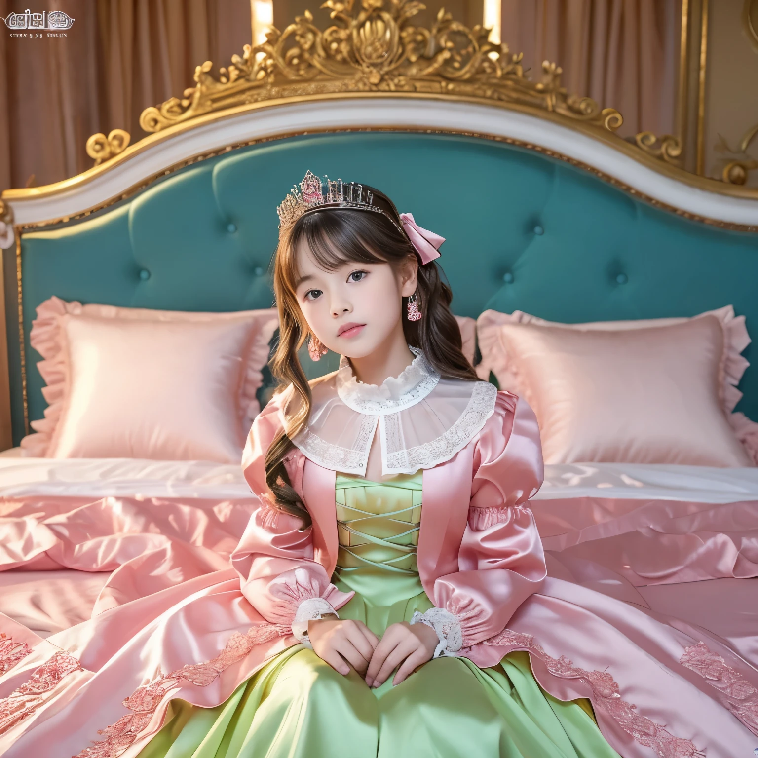 ,highest quality, masterpiece, highest resolution, artwork, super それにget used to it, many get used to it, get used to it, それにget used to it, 3K realistic photos,,(( When I )),Super detailed baby face,She isss,Full length ball gown dress with hoop skirt,ruffled yoke collar,puff sleeves,long sleeve,((Lolita style hot pink detailed princess satin dress、Comes with lots of frills and ribbons。)),colorful rococo fashion,shiny satin dress,Soft and smooth fabric,luxury,long blonde hair,blue eyes,white skin european,pajamas,((inside the palace)),,,(( When I was 10 years old)),Super ce,Full length ball gown dress witirt,long skirt,ruffled yoke collar,puff sleeves,腰まで伸びるlong blonde hair,blue eyes,white skin european,pajamas,((inside the palace bedroom)),ピンクのシルクサテンのluxuryなcanopy bedの上,canopy bed,Luxury curtains on both sides of the bed,many frilly pillows on the bed,super detailed background,Detailed bed,silk satin bed sheets,soft silk satin comforter,Soft silk satin ruffled pillow in pastel colors,romantic atmosphere,little princess is sitting on the bed,Don'Don't put your feet out to the side,Beautiful girl illustration,detailed beautiful face detailed hair,detailed human eye ,detailed mouth, arm details,fine hands,Detailed pillow,