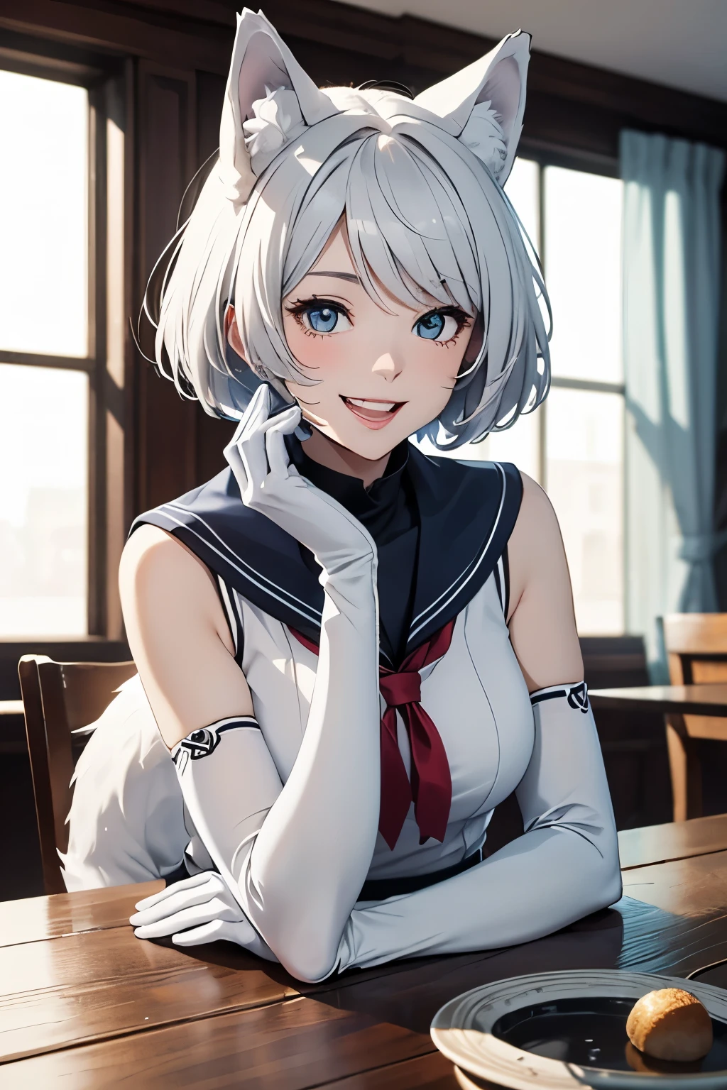table top　High level image quality　best image quality　8K　 adult woman　portrait　white long gloves（long gloves）　white pantyhose　sailor suit（sleeveless）　mini skirt　White wolf ears　short hair（（shortcut）（gray hair）（perm）（fluffy））　eye color is blue　Face seducing（（laughter）（smile）（open your mouth））　beautiful feet