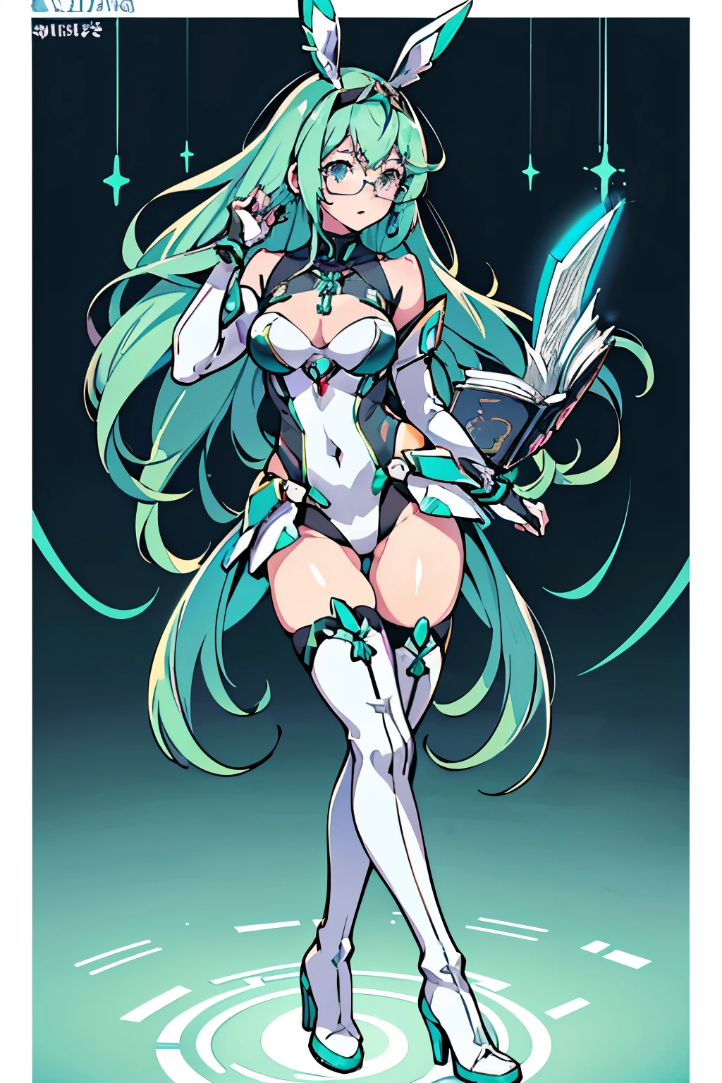 Anime, Girl, (((1girl))), (((Waifu, Xenoblade Chronicles 2, Pneuma Waifu))), (((Seafoam Green Hair, Long Hair))), ((Seafoam Green Eyes eyes:1.3, Upturned Eyes: 1, Perfect Eyes, Beautiful Detailed Eyes, Gradient eyes: 1, Finely Detailed Beautiful Eyes: 1, Symmetrical Eyes: 1, Big Highlight On Eyes: 1.2)), (((Lustrous Skin: 1.5, Bright Skin: 1.5, Skin Fair, Shiny Skin, Very Shiny Skin, Shiny Body, Plastic Glitter Skin, Exaggerated Shiny Skin, Illuminated Skin))), (Detailed Body, (Detailed Face)), Young, Idol Pose, (Best Quality), ((((Techwear))), (((Bunny Girl Outfit))), (((Thigh-high Heeled Boots))), (((Reading Glasses))), (((Earrings)))), High Resolution, Sharp Focus, Ultra Detailed, Extremely Detailed, Extremely High Quality Artwork, (Realistic, Photorealistic: 1.37), 8k_Wallpaper, (Extremely Detailed CG 8k), (Very Fine 8K CG), ((Hyper Super Ultra Detailed Perfect Piece)), (((Flawlessmasterpiece))), Illustration, Vibrant Colors, (Intricate), High Contrast, Selective Lighting, Double Exposure, HDR (High Dynamic Range), Post-processing, Background Blur