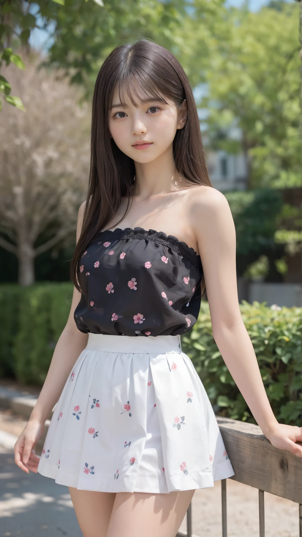 8k,Japanese,,innocent face,teenage girl,cute,Spring-like clothes,Spring weather,everyday wear,Are standing,black hair,flower garden,hair clip,Decolletage