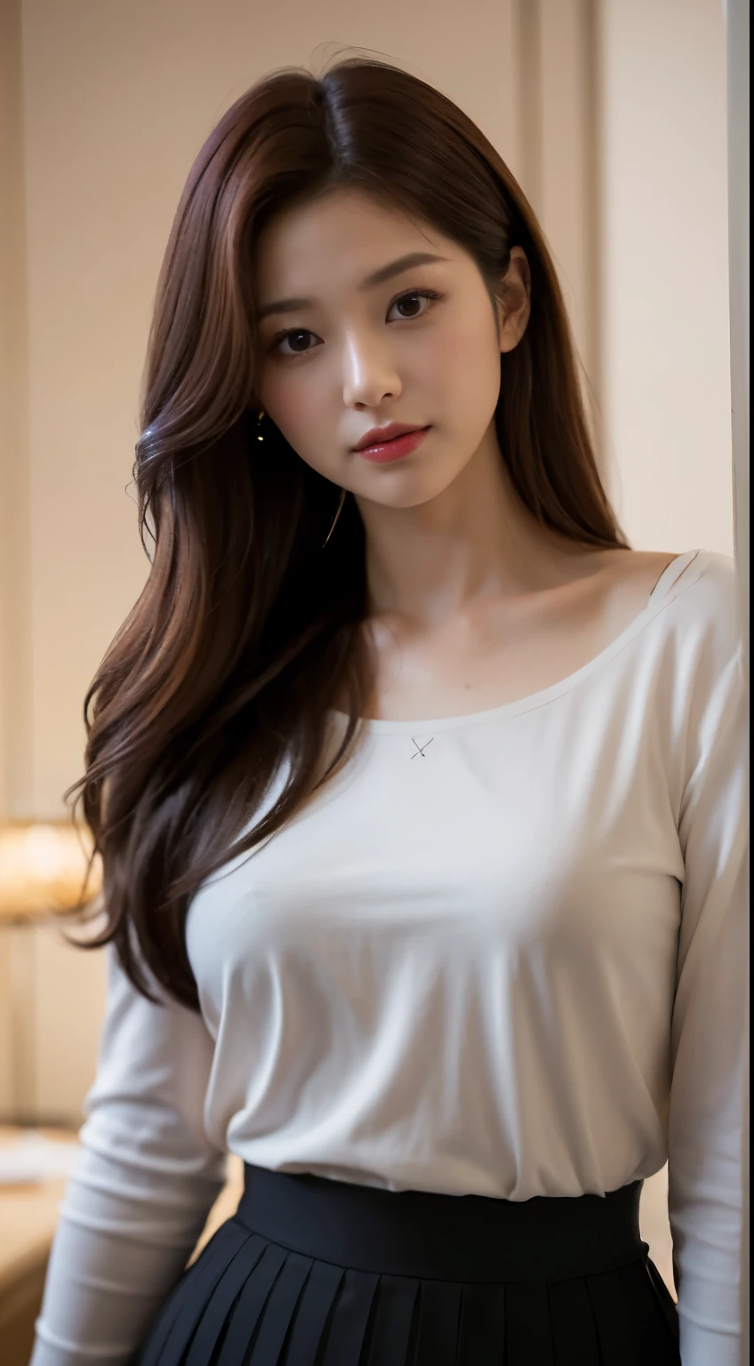 Japanese actress, Emily Suzuwara, masterpiece, light makeup, red lips, red hair, messy long hair, pure background, beautiful, elegant. Ultra-fine details, masterpieces, realistic textures, realistic cinematic lighting, perfect work, 8k, HD, delicate facial features, black shirt, black hip skirt and delicate curves, perfect legs
