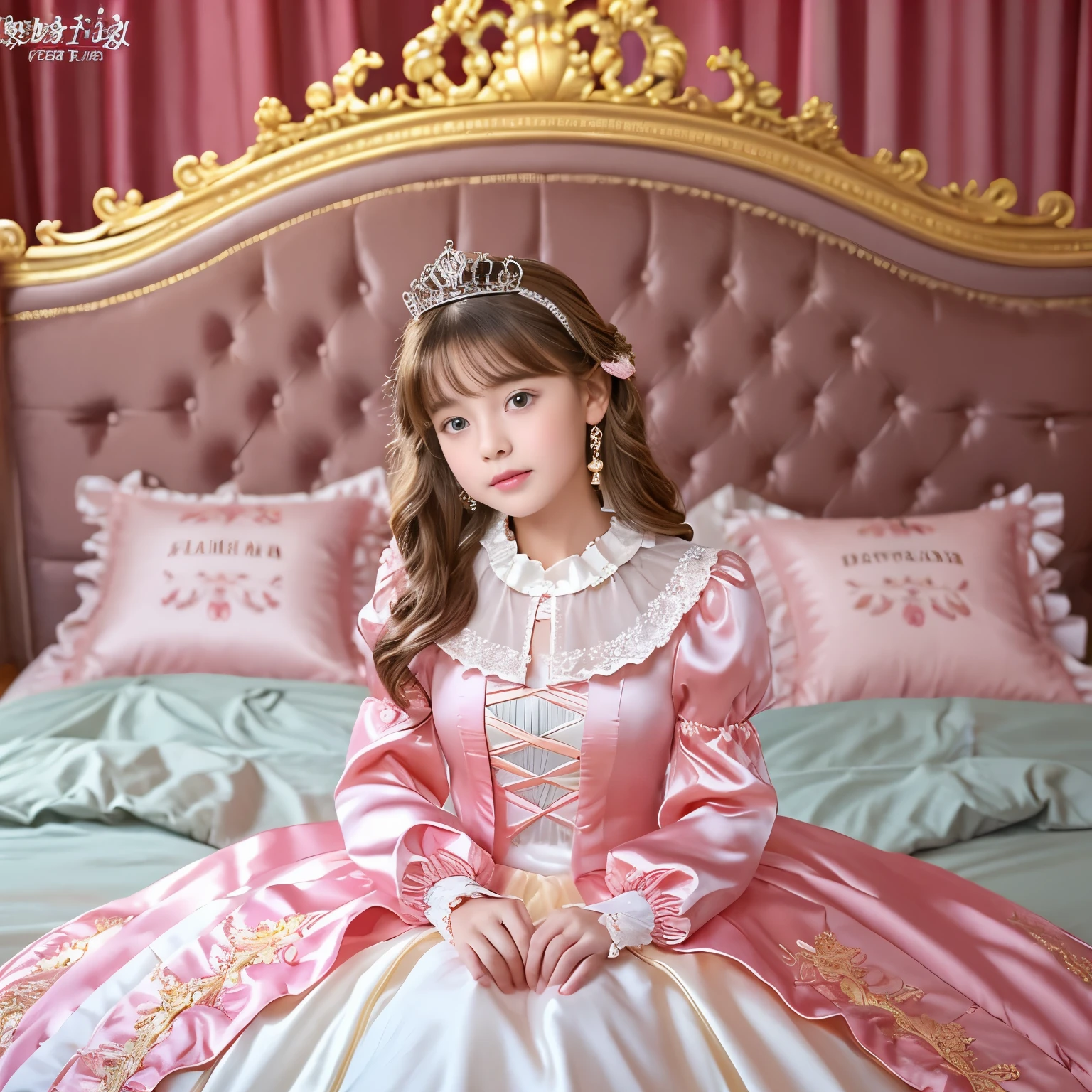 ,highest quality, masterpiece, highest resolution, artwork, super それにget used to it, many get used to it, get used to it, それにget used to it, 3K realistic photos,,(( When I )),Super detailed baby face,She isss,Full length ball gown dress with hoop skirt,ruffled yoke collar,puff sleeves,long sleeve,((Lolita style hot pink detailed princess satin dress、Comes with lots of frills and ribbons。)),colorful rococo fashion,shiny satin dress,Soft and smooth fabric,luxury,long blonde hair,blue eyes,white skin european,pajamas,((inside the palace)),,,(( When I was 10 years old)),Super ce,Full length ball gown dress witirt,long skirt,ruffled yoke collar,puff sleeves,腰まで伸びるlong blonde hair,blue eyes,white skin european,pajamas,((inside the palace bedroom)),ピンクのシルクサテンのluxuryなcanopy bedの上,canopy bed,Luxury curtains on both sides of the bed,many frilly pillows on the bed,super detailed background,Detailed bed,silk satin bed sheets,soft silk satin comforter,Soft silk satin ruffled pillow in pastel colors,romantic atmosphere,little princess is sitting on the bed,Don'Don't put your feet out to the side,Beautiful girl illustration,detailed beautiful face detailed hair,detailed human eye ,detailed mouth, arm details,fine hands,Detailed pillow,