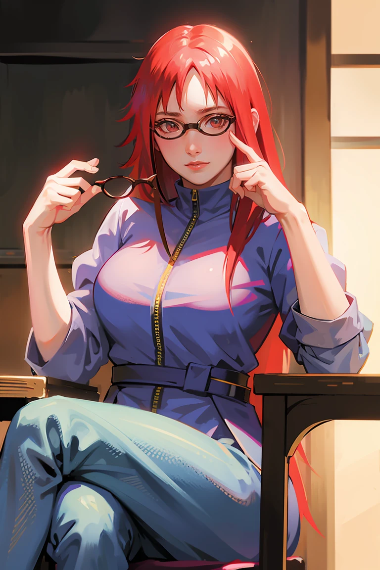 (highly detailed:1.3),
karin uzumaki, long red hair, red eyyesk,glasses,long hair,large breasts,blue dress,fishnets,sitting on a chair,wearing glasses,looking to the size,light smile,crossed legs,hand on own chin,
Ultra-detail,(highres:1.1),best quality,(masterpiece:1.3),cinematic lighting,