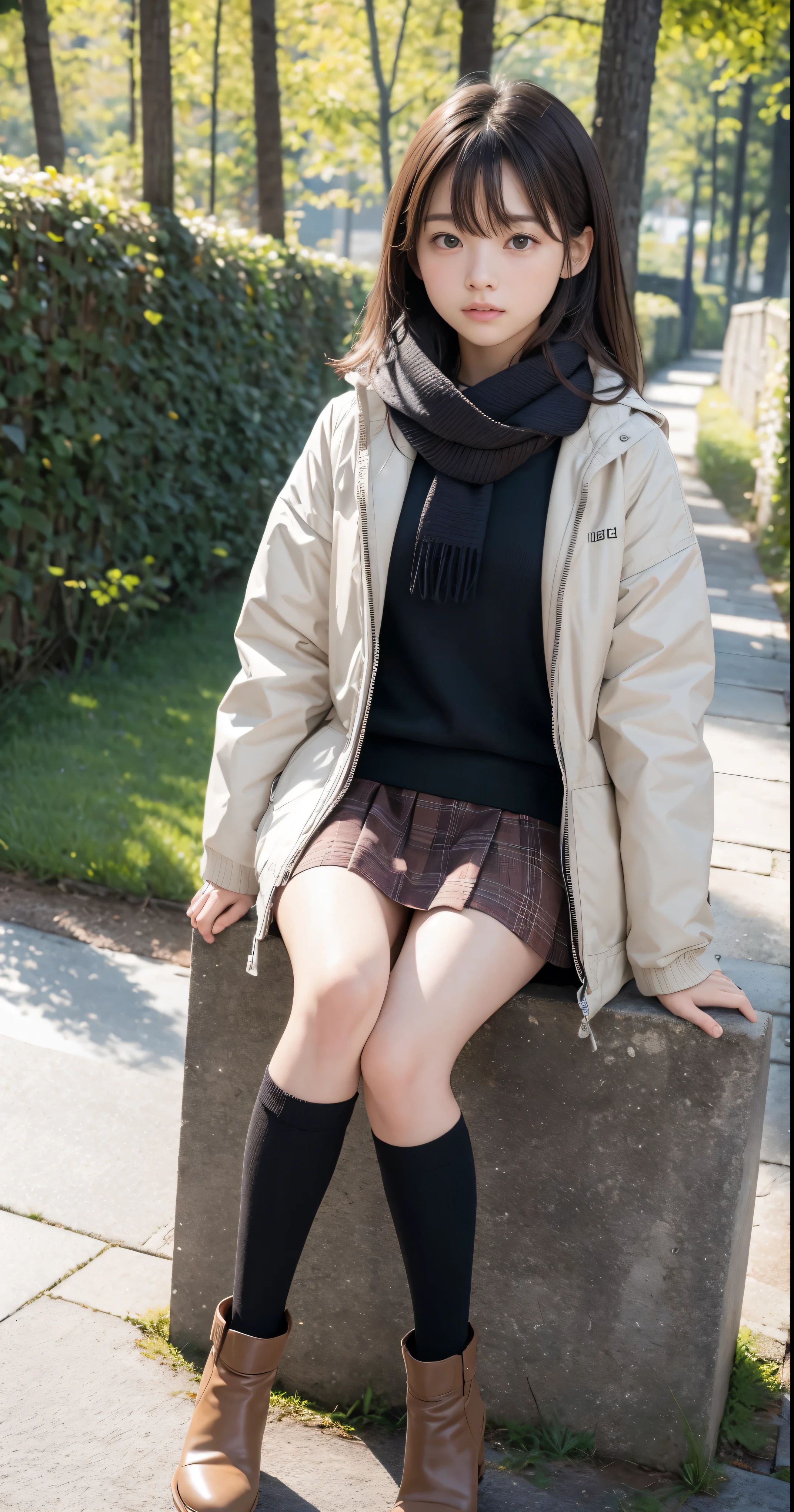 (masterpiece:1.3), (8K, Photoreal, RAW photo, The subject is a little far away、best image quality: 1.4), girl、((Take a photo of the whole body, down to the toes))、healthy slim figure、A cute smile on a small round face、super detail face、Detailed and moist eyes、natural makeup、((With bangs、Medium hair upstyle))、(Beautiful woman:1.4)、light brown hair、natural color lip、highest quality、masterpiece、ultra high resolution、(Photoreal:1.4)、scarf、Down jacket、Tight sweaters、Plaid pleated mini skirt、Round big、Beautiful raw legs、ankle mini boots、cute expression、transparent skin、Pose staring at the viewer、shining hair、Full body Esbian shot、facing the front、Whole body proportions、