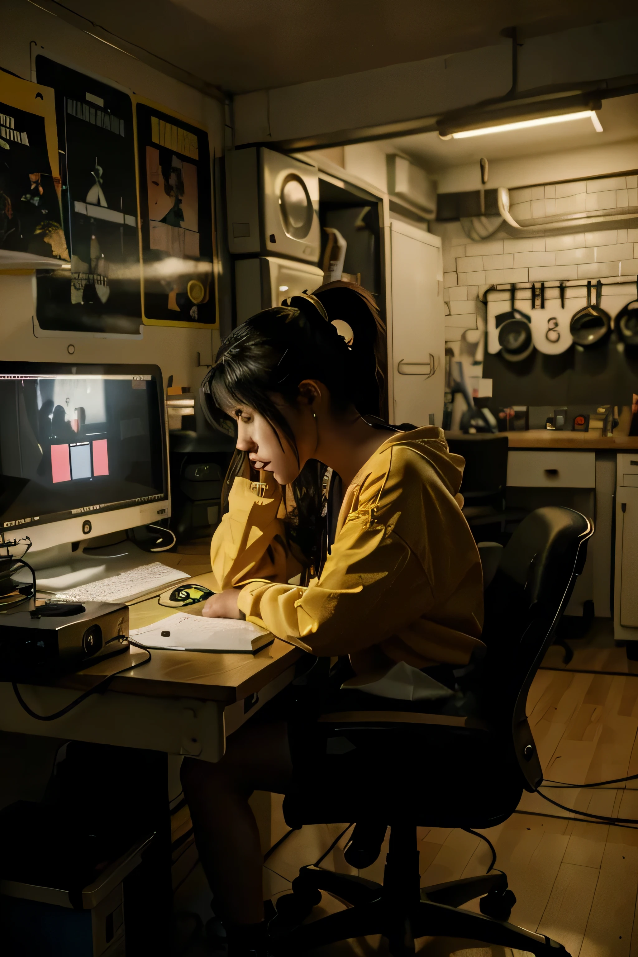 adolescente em uma mesa com um computador dos anos 90, relaxando e estudando, and listening to Lo-fi music in a dark basement, shows a wider image of the basement, with bright yellow neon at night, cena com uma cama, um jogador -discos, cena completamente dos anos 90, with Back to the Future movie posters on the wall, Estilo Cyberpunk, Imagem 8k.