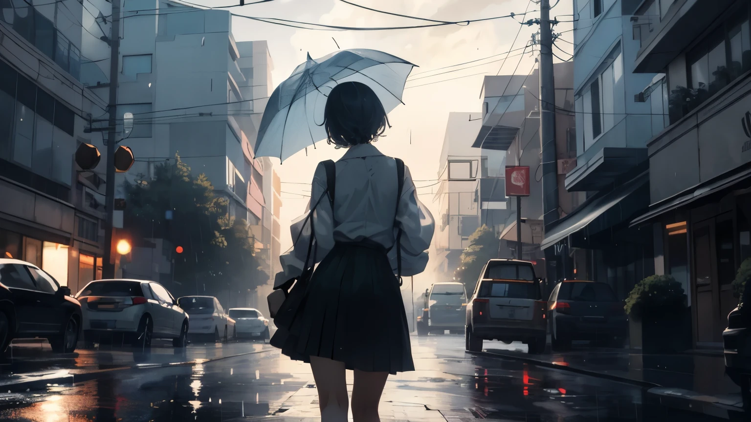 In the finest of details, an exquisitely rendered CG Unity 8k wallpaper showcases a melancholic scene on the road. The person, with his back turned to the viewer, moves steadfastly forward, each step splashing in the moving illustrations of rain drops that patter the ground. Melancholic shading casts long, heavy shadows, accentuating the sentimental music playing softly in the background. The sky above is sadly colored with hues of blue and gray, swirling together in a somber dance, as tendrils of rain soak the pavement beneath. A tearful expression is etched on the figure's face, and tear stains slowly tra