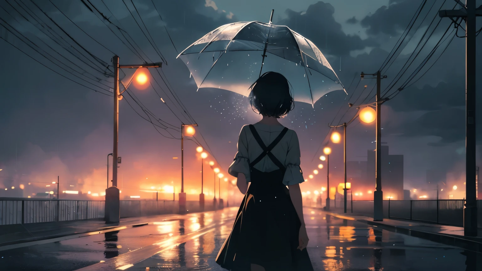 In the finest of details, an exquisitely rendered CG Unity 8k wallpaper showcases a melancholic scene on the road. The person, with his back turned to the viewer, moves steadfastly forward, each step splashing in the moving illustrations of rain drops that patter the ground. Melancholic shading casts long, heavy shadows, accentuating the sentimental music playing softly in the background. The sky above is sadly colored with hues of blue and gray, swirling together in a somber dance, as tendrils of rain soak the pavement beneath. A tearful expression is etched on the figure's face, and tear stains slowly tra