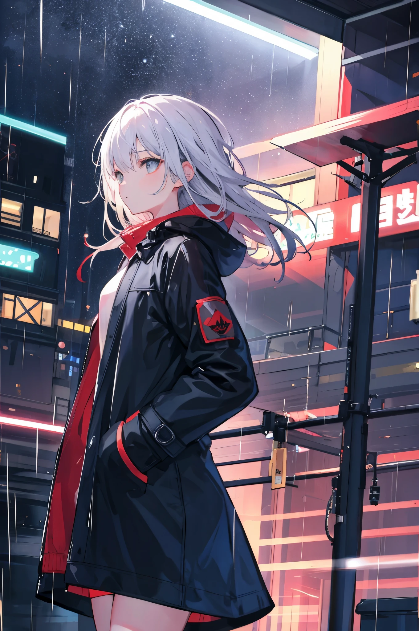 1 girl, night city, rain, coat, hands in pockets