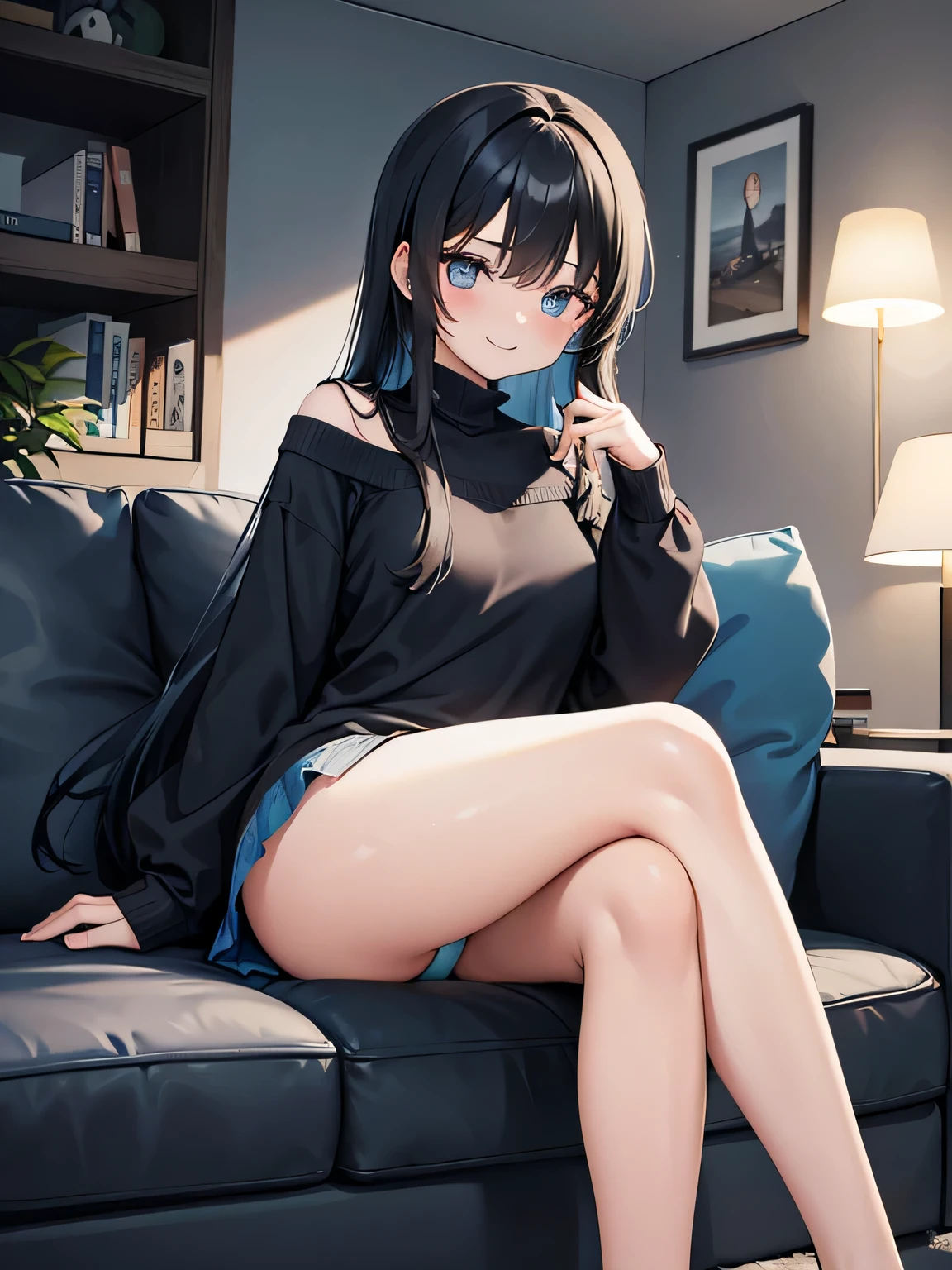 (1) A woman is sitting on a sofa in the living room with her legs closed. Her light blue panties are almost visible between her thighs and skirt.
(2) The woman is wearing a black long-sleeved mini dress.
(3) she has long black hair.
(4) Her expression is a smile; She is 29 years old and has a mature look..
(5) The location is the sofa in the living room of the apartment at night..