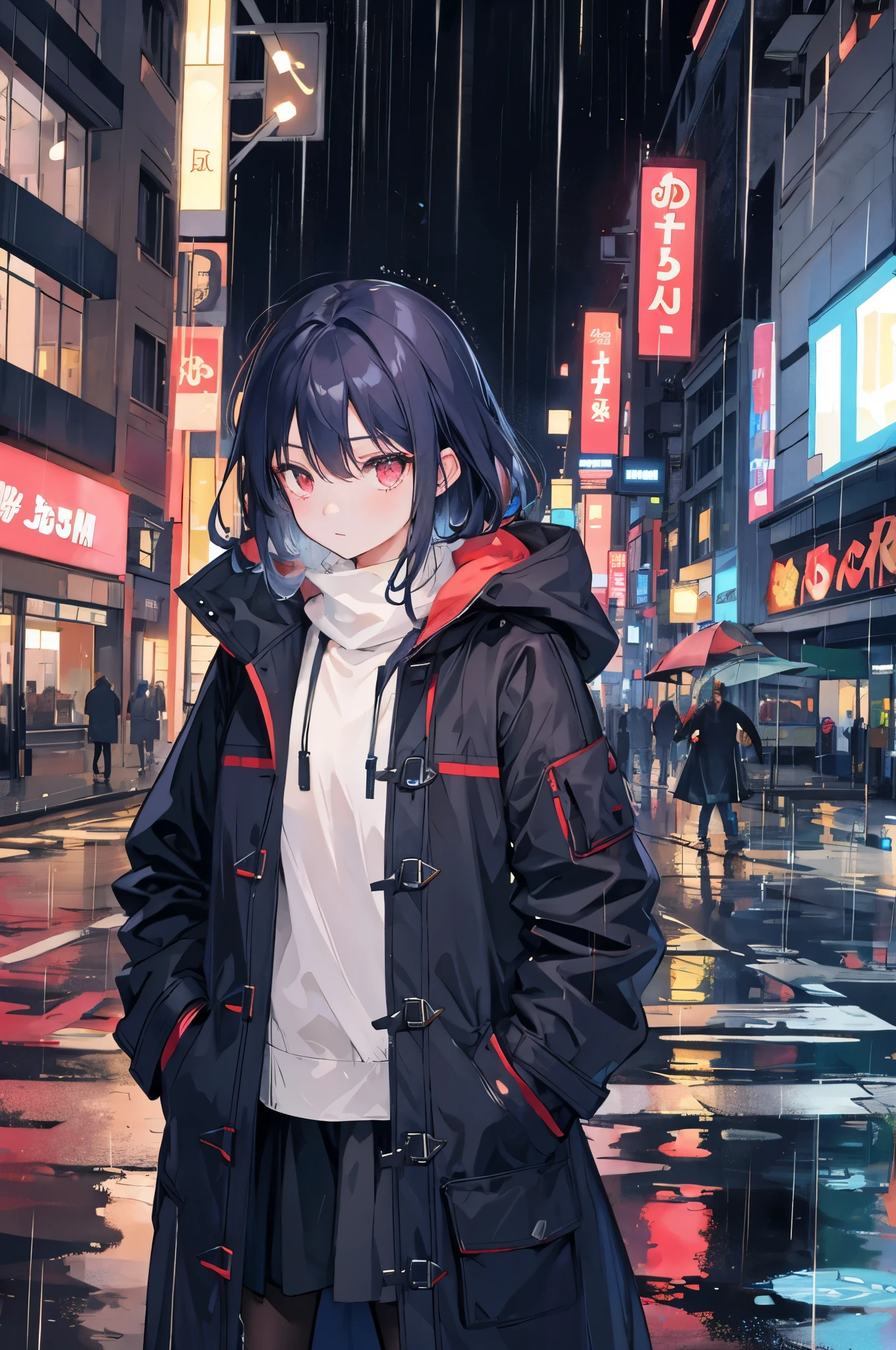 1 girl, night city, rain, coat, hands in pockets
