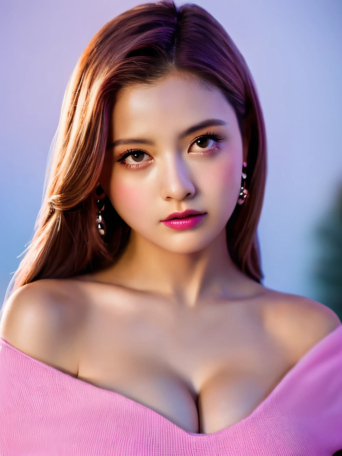 highest quality, masterpiece, ultra high resolution, (reality: 1.4), Original photo, 1 girl, Pink Off-Shoulder, cinematic lighting、breast lift