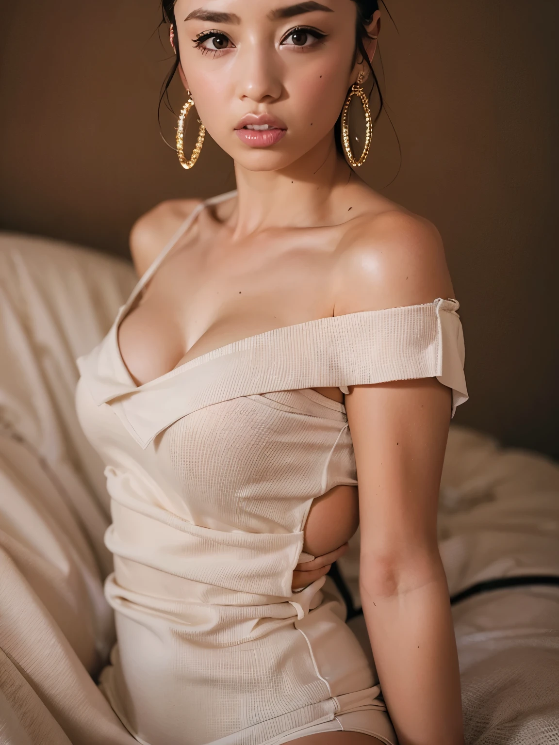 highest quality, masterpiece, ultra high resolution, (reality: 1.4), Original photo, 1 girl, Pink Off-Shoulder, cinematic lighting、breast lift