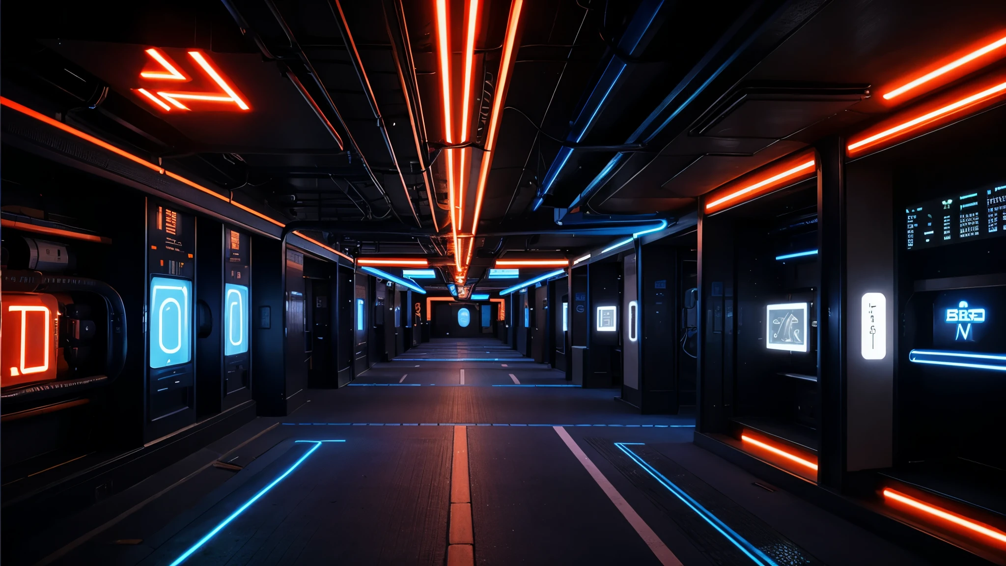 Glowing optical cables transferring information blue and orange neon background