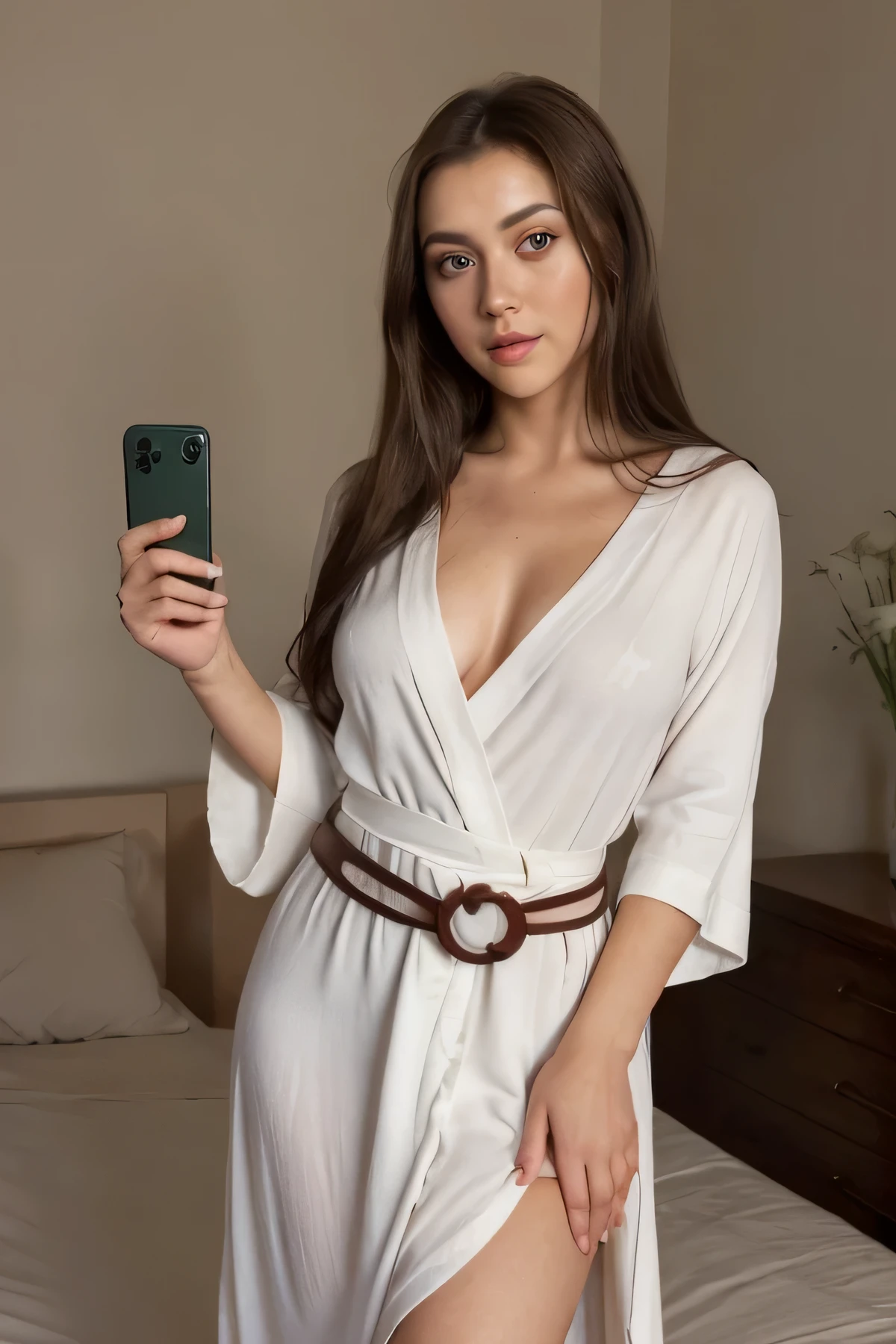 Arafed Woman in a long white tunic robe, tied with belt, with Sexy girl with dark green eyes, Portrait of Paola Cossentino, dark brown hair and large eyes, selfie of a young woman, Bedroom eyes, Paola Cossentino, no make-up, Natural makeup, staring directly into camera, face with artgram, subtle makeup, Stunning full body photo, piercing dark green eyes, beautiful angle, Standing Pose, Cute, Reserved Pose, Full Body Image, Full Body, Full Body Shoot, Brunette Goddess, High Detail, Regal Pose,