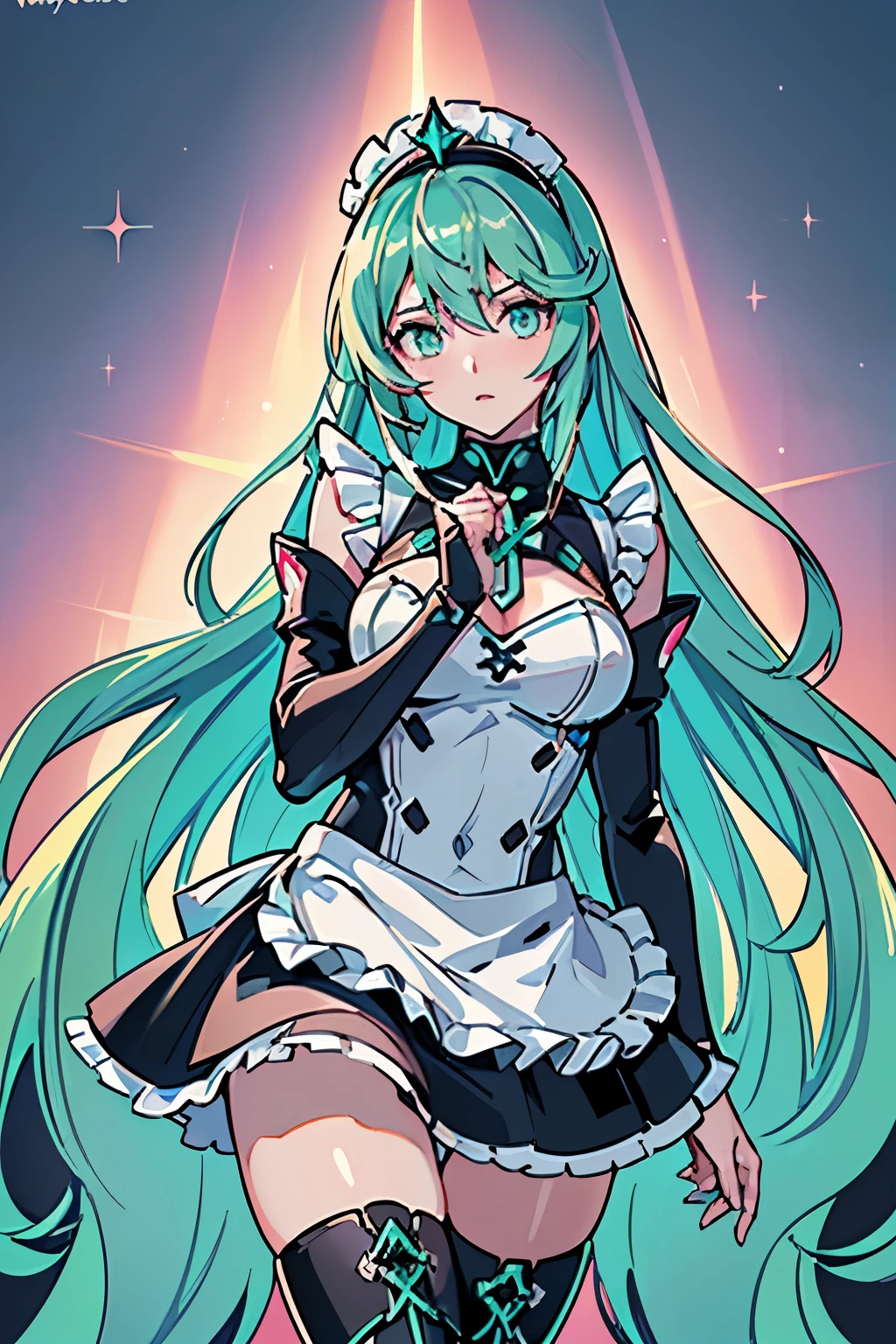 Anime, Girl, (((1girl))), (((Waifu, Xenoblade Chronicles 2, Pneuma Waifu))), (((Seafoam Green Hair, Long Hair))), ((Seafoam Green Eyes eyes:1.3, Upturned Eyes: 1, Perfect Eyes, Beautiful Detailed Eyes, Gradient eyes: 1, Finely Detailed Beautiful Eyes: 1, Symmetrical Eyes: 1, Big Highlight On Eyes: 1.2)), (((Lustrous Skin: 1.5, Bright Skin: 1.5, Skin Fair, Shiny Skin, Very Shiny Skin, Shiny Body, Plastic Glitter Skin, Exaggerated Shiny Skin, Illuminated Skin))), (Detailed Body, (Detailed Face)), Young, Idol Pose, (Best Quality), ((((Techwear))), (((Maid Outfit))), (((Frilly Headpiece))), (((Frilly Shoulders))), (((Long Skirt, Frilly Skirt))), (((Thigh-high Heeled Boots))), High Resolution, Sharp Focus, Ultra Detailed, Extremely Detailed, Extremely High Quality Artwork, (Realistic, Photorealistic: 1.37), 8k_Wallpaper, (Extremely Detailed CG 8k), (Very Fine 8K CG), ((Hyper Super Ultra Detailed Perfect Piece)), (((Flawlessmasterpiece))), Illustration, Vibrant Colors, (Intricate), High Contrast, Selective Lighting, Double Exposure, HDR (High Dynamic Range), Post-processing, Background Blur