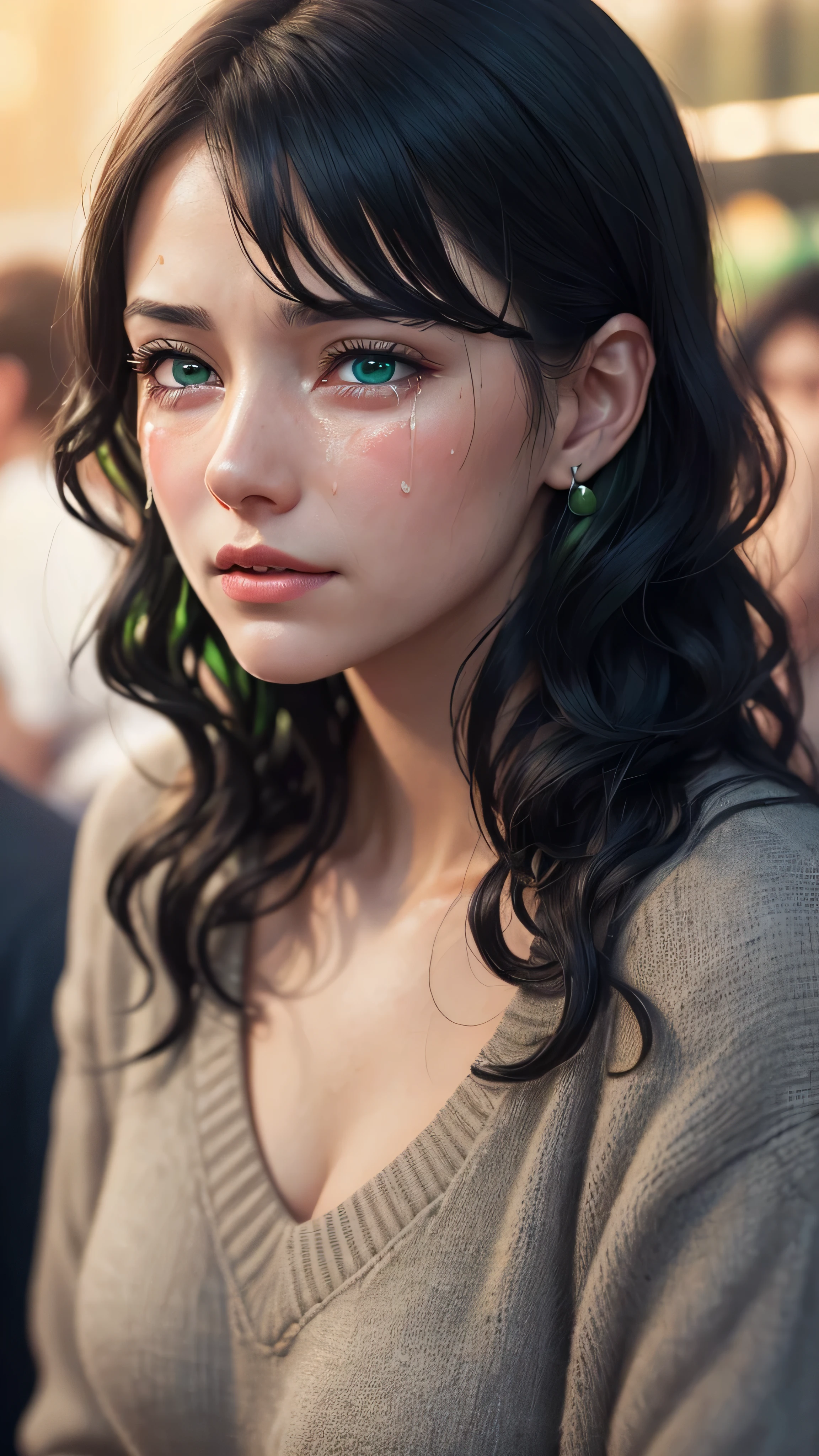 ((best quality: 1.5)) ((masterpiece: 0.8)), intricate details, sharp focus, professional, real life, realistic representation of the face, shadows, golden hour, dynamic pose, in the style of realistic and hyper detailed renderings BREAK (detailed 30 year old woman, (((portrait, cleft chin down), natural lips, green black wavy hair, blushing)) ice blue eyes, soft gray sweater, ((shy, crying, crowd cafe)))), photorealistic, hyper-realistic, 8K, skin blemish: 0.8