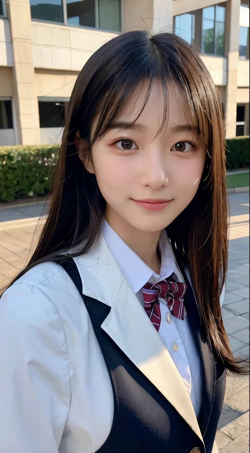 (highest quality,8K quality,masterpiece:1.3),(ultra high resolution,photorealistic:1.4,Live shooting),(Super detailed,caustics,detailed background),(ultra-realistic capture,Beautifully detailed skin,perfect anatomy),at dusk,Sunset sky,school building,schoolyard,18-year-old,cute,single eyelid,black long hair,School Blazer Uniform,Looking at the camera,A sloppy smile,bust up shot,Natural light