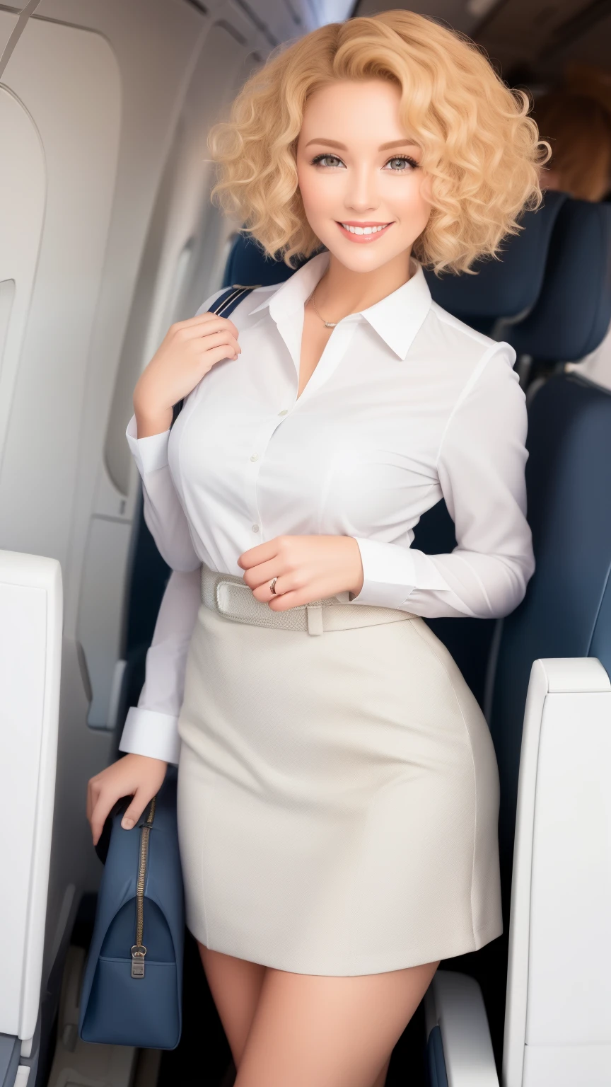 (White flight attendant uniform),looking at the viewer,smile,Happy,curly blonde short hair, Are standing, On the plane,