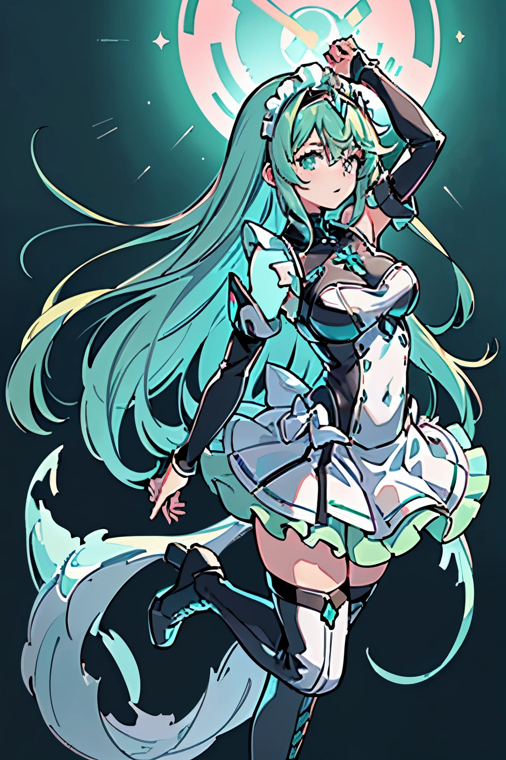 Anime, Girl, (((1girl))), (((Waifu, Xenoblade Chronicles 2, Pneuma Waifu))), (((Seafoam Green Hair, Long Hair))), ((Seafoam Green Eyes eyes:1.3, Upturned Eyes: 1, Perfect Eyes, Beautiful Detailed Eyes, Gradient eyes: 1, Finely Detailed Beautiful Eyes: 1, Symmetrical Eyes: 1, Big Highlight On Eyes: 1.2)), (((Lustrous Skin: 1.5, Bright Skin: 1.5, Skin Fair, Shiny Skin, Very Shiny Skin, Shiny Body, Plastic Glitter Skin, Exaggerated Shiny Skin, Illuminated Skin))), (Detailed Body, (Detailed Face)), Young, Idol Pose, (Best Quality), ((((Techwear))), (((Maid Outfit))), (((Frilly Headpiece))), (((Frilly Shoulders))), (((Long Skirt, Frilly Skirt))), (((Thigh-high Heeled Boots))), High Resolution, Sharp Focus, Ultra Detailed, Extremely Detailed, Extremely High Quality Artwork, (Realistic, Photorealistic: 1.37), 8k_Wallpaper, (Extremely Detailed CG 8k), (Very Fine 8K CG), ((Hyper Super Ultra Detailed Perfect Piece)), (((Flawlessmasterpiece))), Illustration, Vibrant Colors, (Intricate), High Contrast, Selective Lighting, Double Exposure, HDR (High Dynamic Range), Post-processing, Background Blur