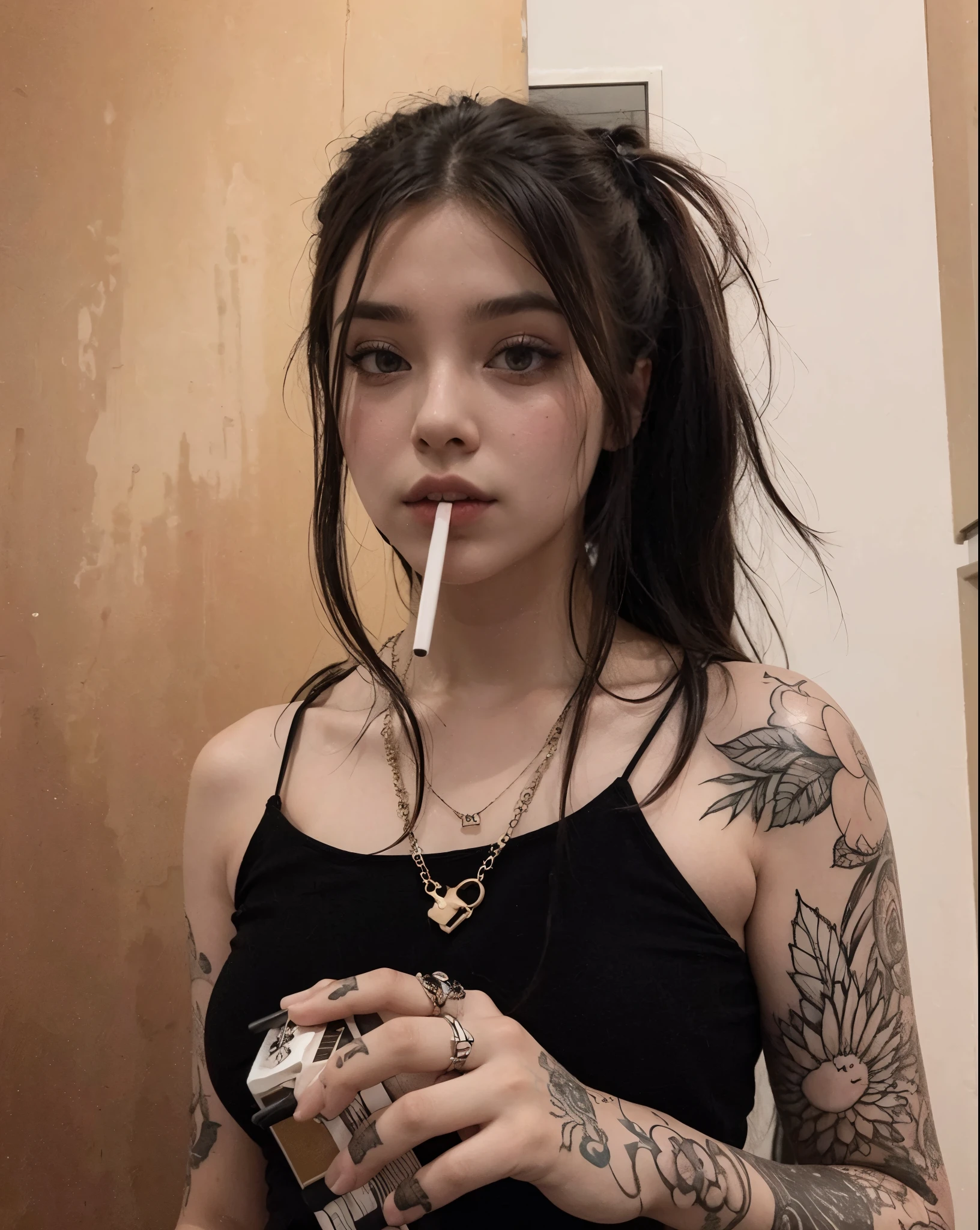1girl, detailed face, (full tattoed arm:1.2), knit tank top, (messy hair, very dry hair:1.2), decorated cross necklace, in high class cozy restaurant table, table served with grilled steak with visible grill marks glistening with natural juices, masterpiece, best quality, highest quality, (volumetric lighting), ultra realistic, photorealistic, sharp focus, absurdres, photograph, detailed and intricate, instagram, portrait, (13yo, cute:1.2), (breasts:1.4),