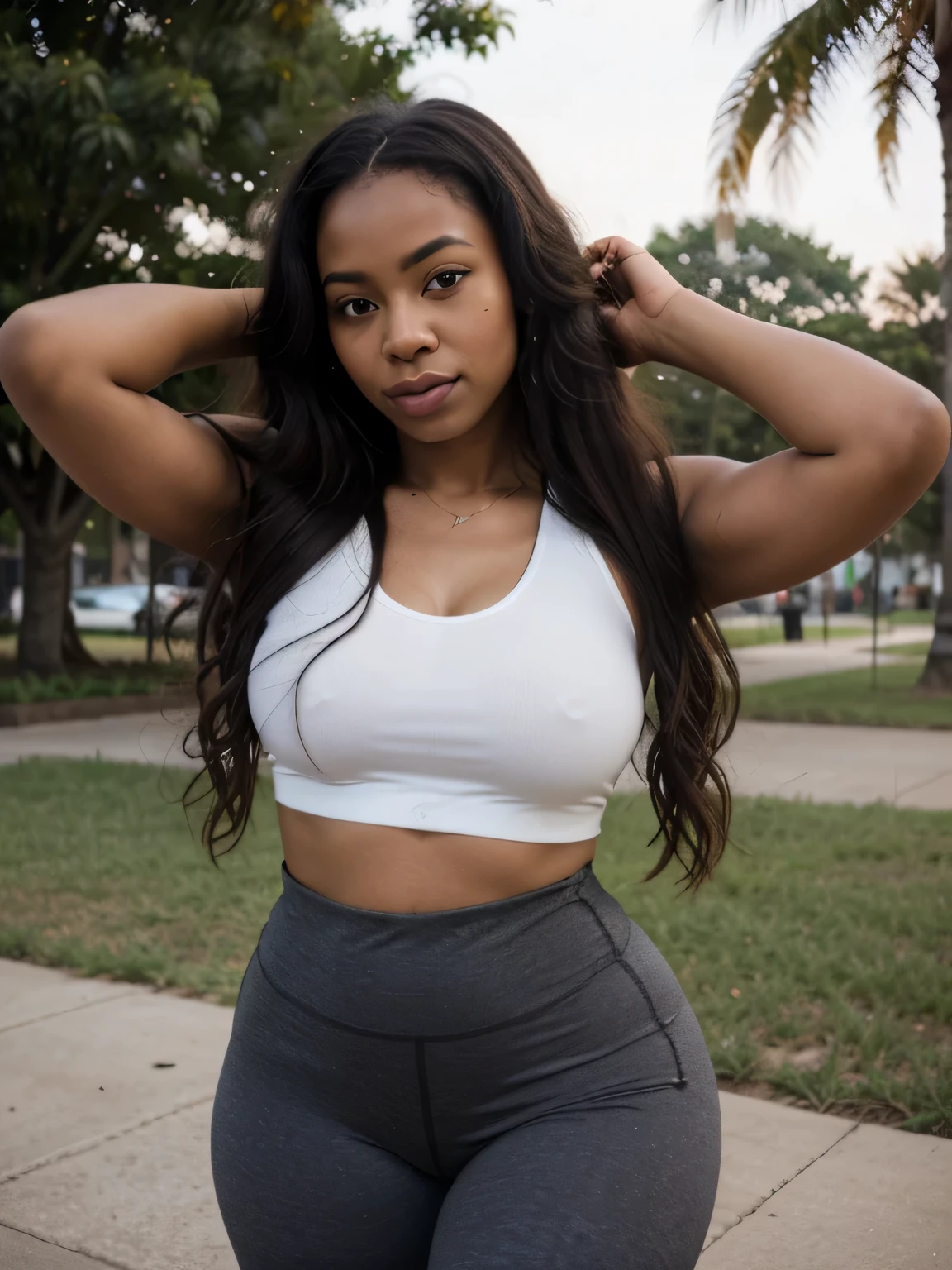 african girl, black ethnicity, long hair , thick girl , wearing yoga clothes on park