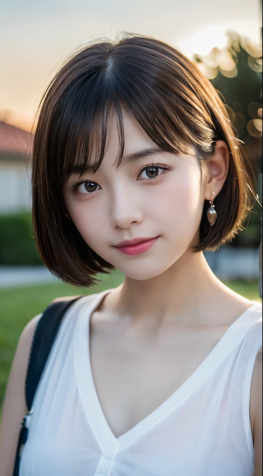 (highest quality,8K quality,masterpiece:1.3),(Super high resolution,Photoreal:1.4,Raw photo),(super detailed,caustics,detailed background),(ultra-realistic capture,Beautifully detailed skin,perfect anatomy),at dusk,sunset sky,school building,schoolyard,14 years old,cute,single eyelid,black short bob,white clothes、,look at the camera,laughter,bust up shot,natural soft light