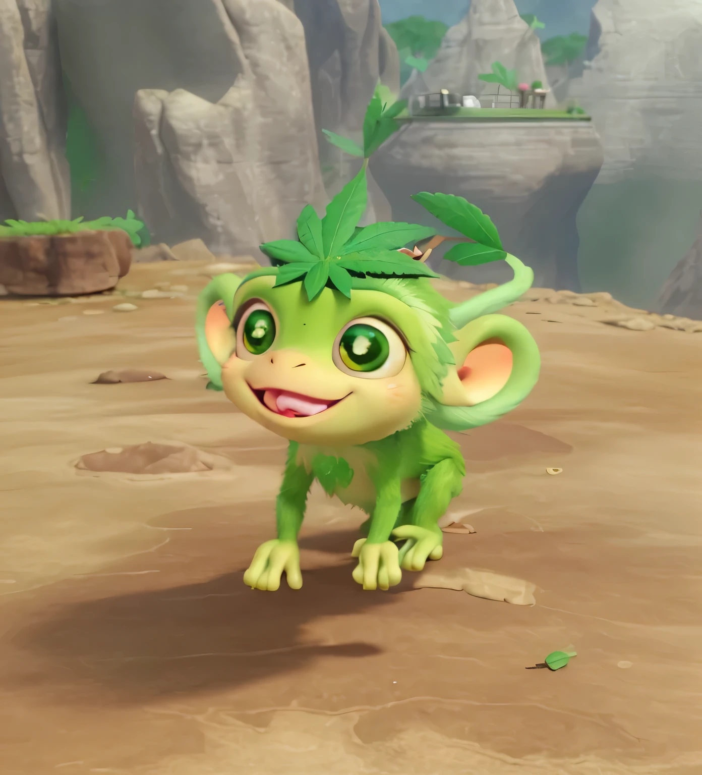 green monkey, with a cannabis leaf on the head, walkin on a montain, green eyes