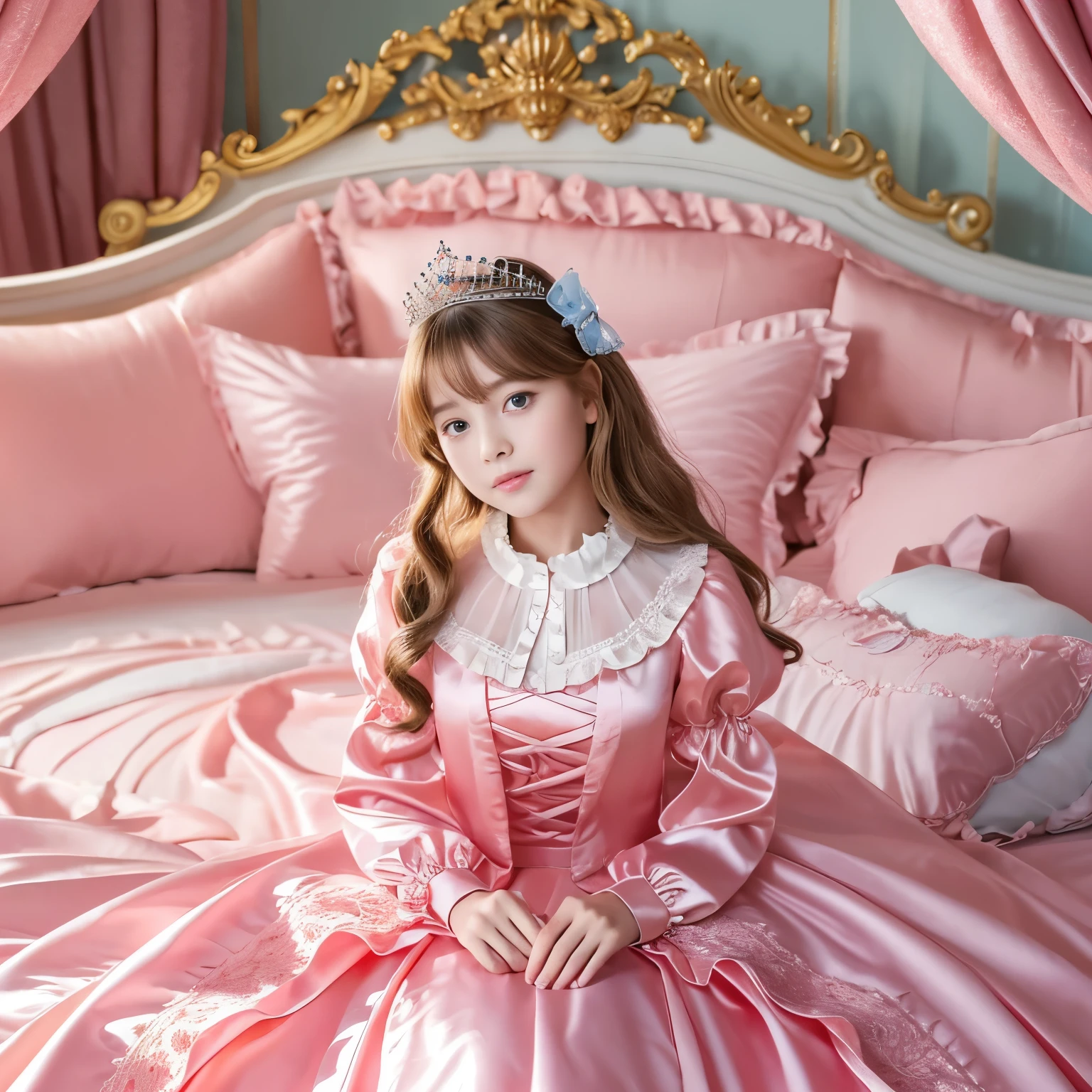 ,highest quality, masterpiece, highest resolution, artwork, super それにget used to it, many get used to it, get used to it, それにget used to it, 3K realistic photos,,(( When I was )),Super detailed baby face,She is a princess,Full length ball gown dress with hoop skirt,ruffled yoke collar,puff sleeves,long sleeve,((Lolita style pink detailed princess satin dress、Comes with lots of frills and ribbons。)),colorful rococo fashion,shiny satin dress,Soft and smooth fabric,luxury,long blonde hair,blue eyes,white skin european,pajamas,((inside the palace)),,,(( When I was 10 years old)),Sd baby face,Full length ball gown dress with hoop skirt,long skirt,ruffled yoke collar,puff sleeves,腰まで伸びるlong blonde hair,blue eyes,white skin european,pajamas,((inside the palace bedroom)),ピンクのシルクサテンのluxuryなcanopy bedの上,canopy bed,Luxury curtains on both sides of the bed,many frilly pillows on the bed,super detailed background,Detailed bed,silk satin bed sheets,soft silk satin comforter,Soft silk satin ruffled pillow in pastel colors,romantic atmosphere,little princess is sitting on the bed,Don&#39;Don&#39;t put your feet out to the side,Beautiful girl illustration,detailed beautiful face detailed hair,detailed human eye ,detailed mouth, arm details,fine hands,Detailed pillow,